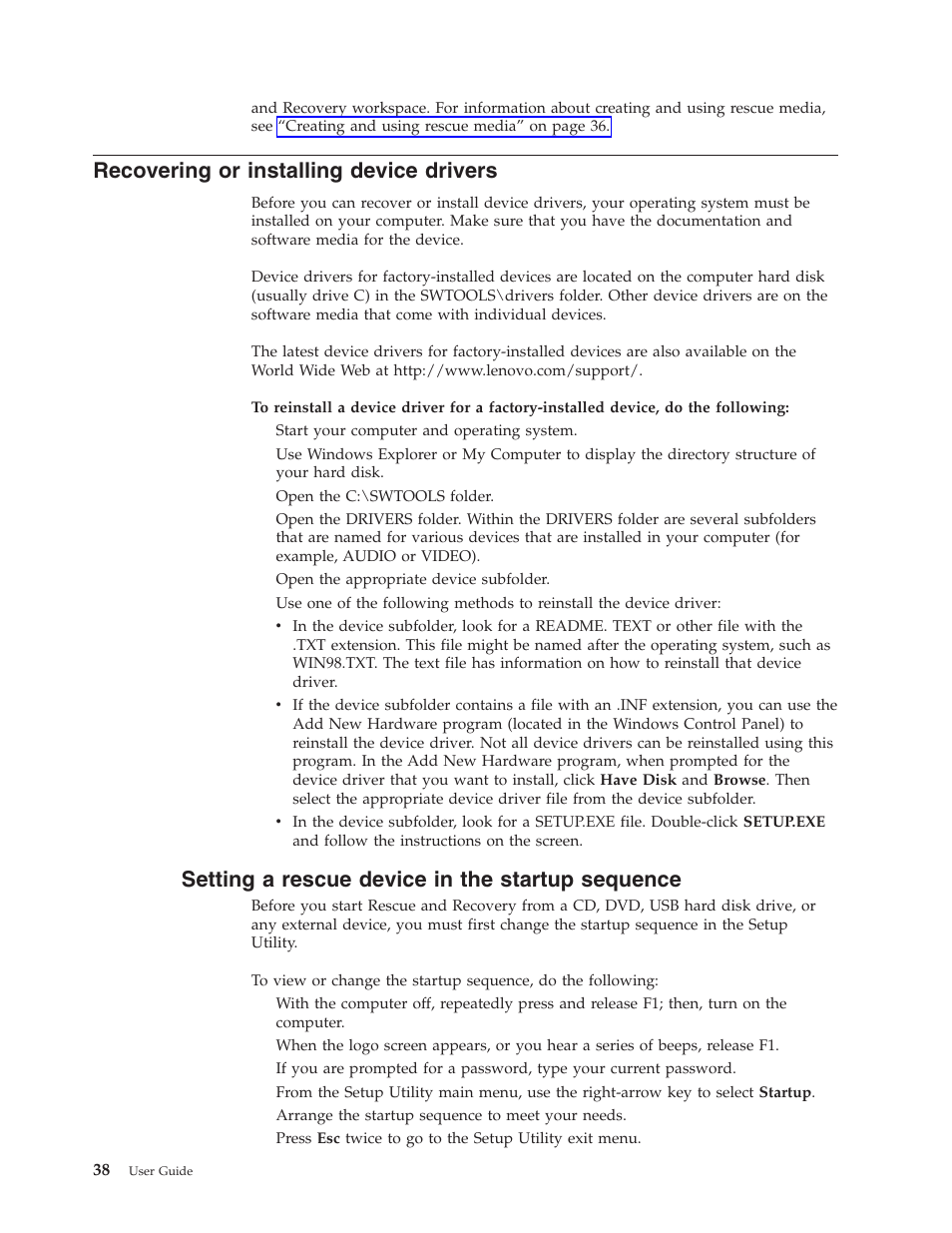 Recovering or installing device drivers, Setting a rescue device in the startup sequence, Recovering | Installing, Device, Drivers, Setting, Rescue, Startup, Sequence | Lenovo 8795 User Manual | Page 54 / 86