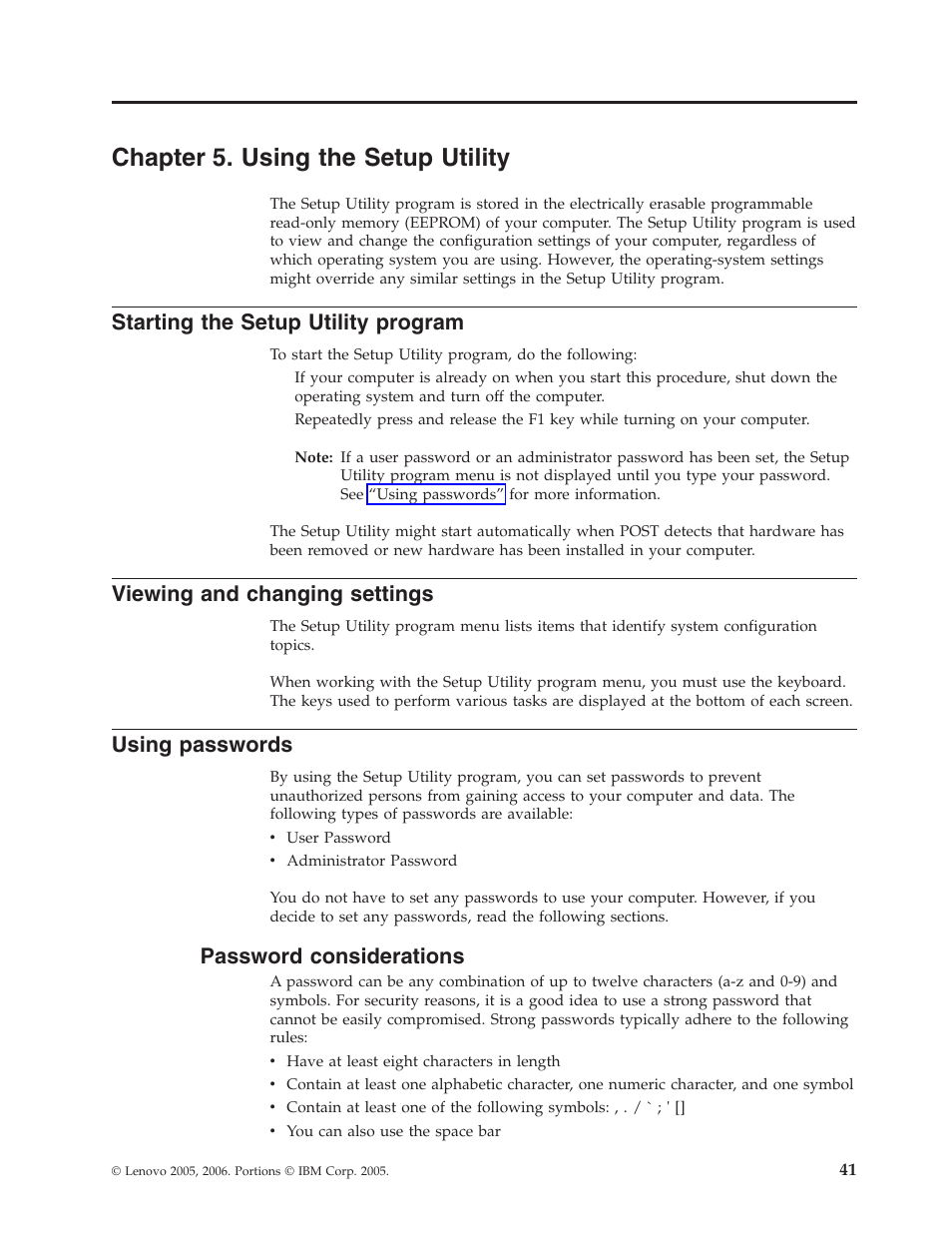 Chapter 5. using the setup utility, Starting the setup utility program, Viewing and changing settings | Using passwords, Password considerations, Chapter, Using, Setup, Utility, Starting | Lenovo 8795 User Manual | Page 57 / 86