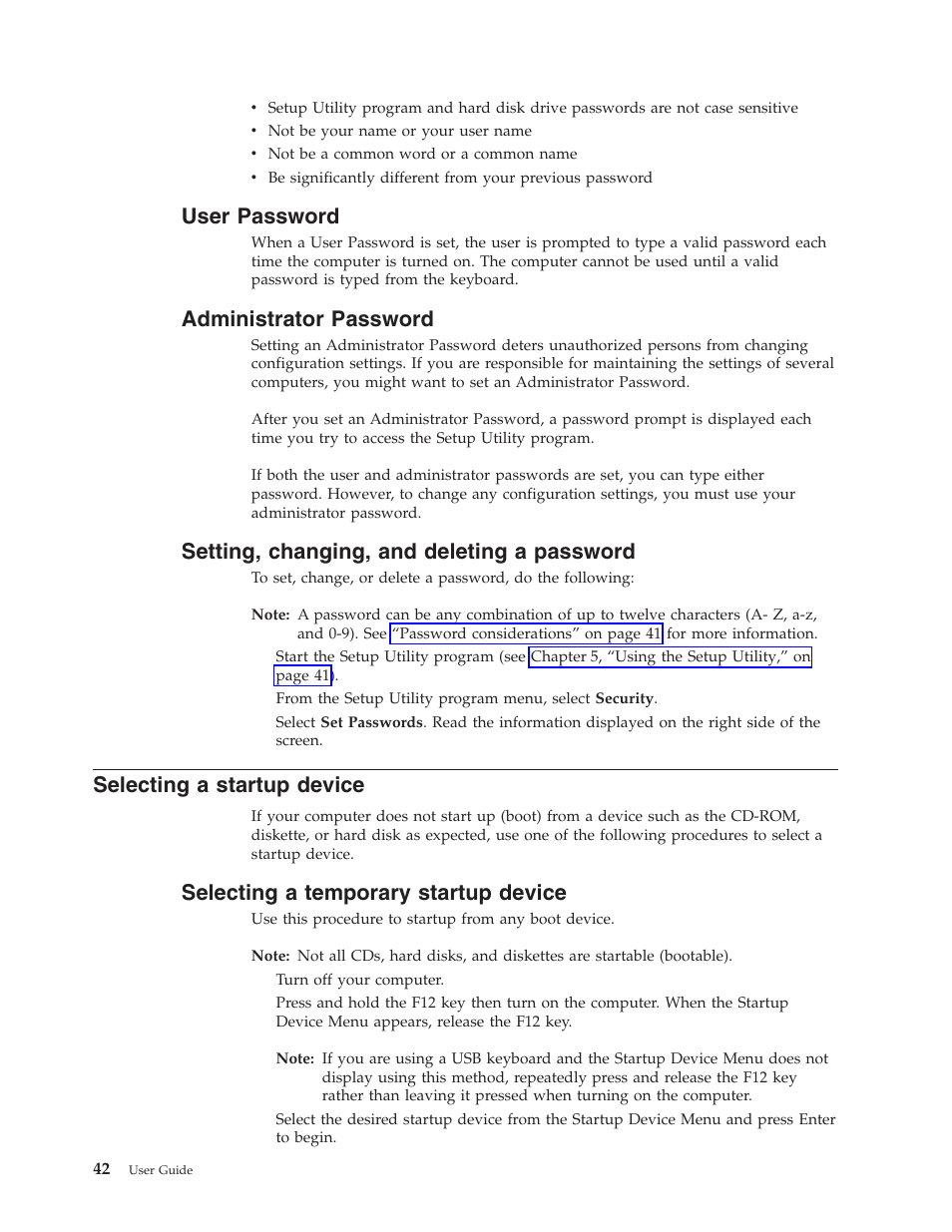 User password, Administrator password, Setting, changing, and deleting a password | Selecting a startup device, Selecting a temporary startup device, User, Password, Administrator, Setting, Changing | Lenovo 8795 User Manual | Page 58 / 86