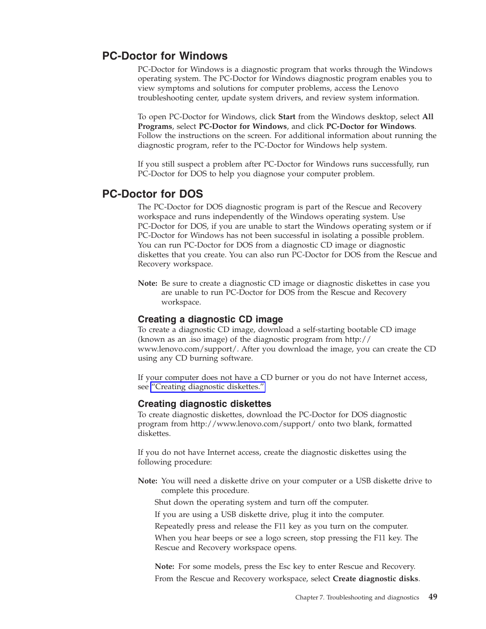 Pc-doctor for windows, Pc-doctor for dos, Creating a diagnostic cd image | Creating diagnostic diskettes, Pc-doctor, Windows | Lenovo 8795 User Manual | Page 65 / 86