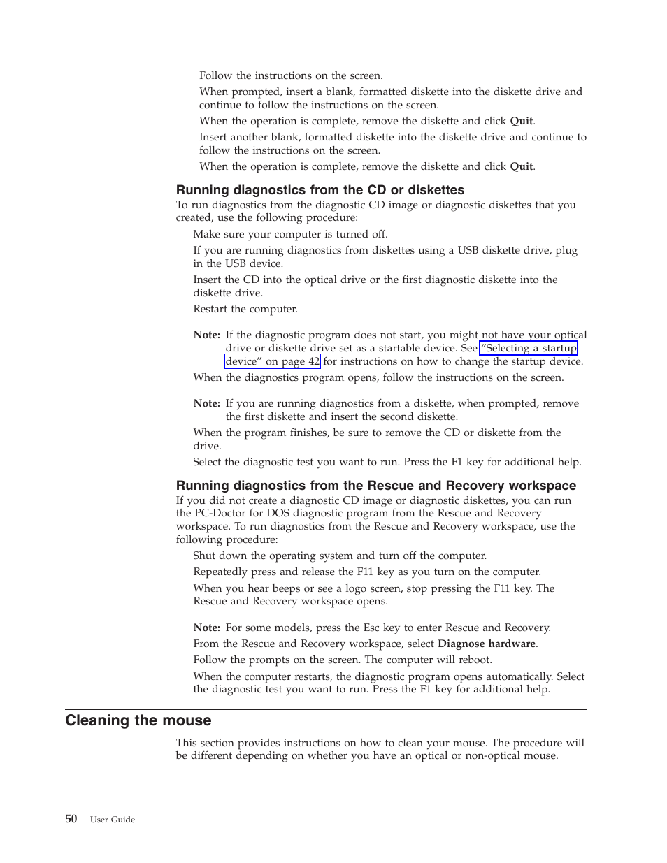 Running diagnostics from the cd or diskettes, Cleaning the mouse, Cleaning | Mouse | Lenovo 8795 User Manual | Page 66 / 86