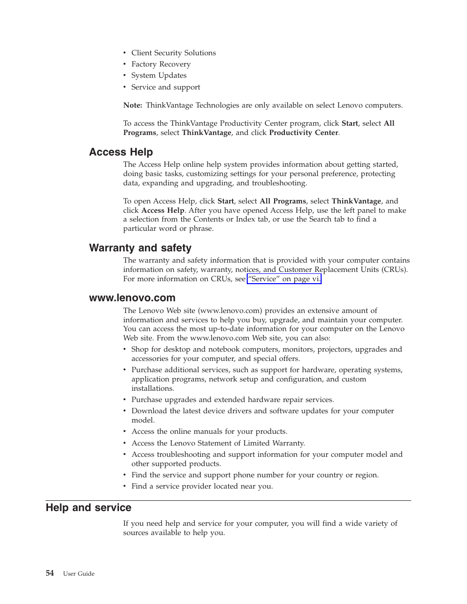 Access help, Warranty and safety, Www.lenovo.com | Help and service, Access, Help, Warranty, Safety, Service | Lenovo 8795 User Manual | Page 70 / 86