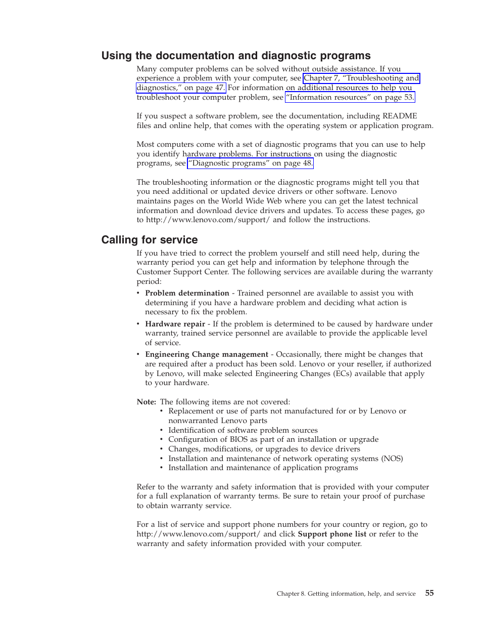 Using the documentation and diagnostic programs, Calling for service, Using | Documentation, Diagnostic, Programs, Calling, Service | Lenovo 8795 User Manual | Page 71 / 86