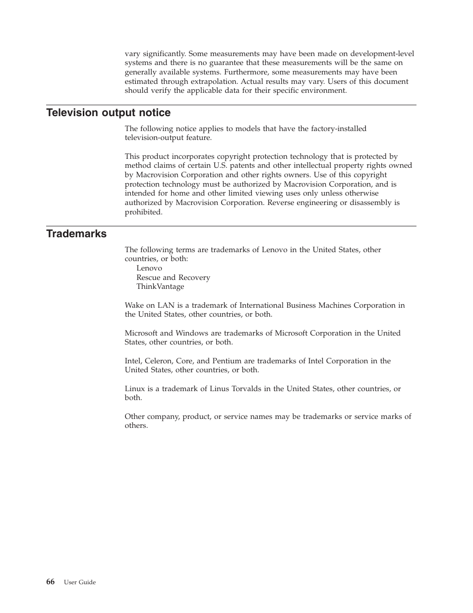 Television output notice, Trademarks, Television | Output, Notice | Lenovo 8795 User Manual | Page 82 / 86