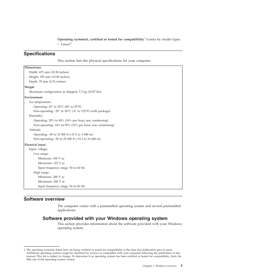 Specifications, Software overview | Lenovo 401 User Manual | Page 11 / 52