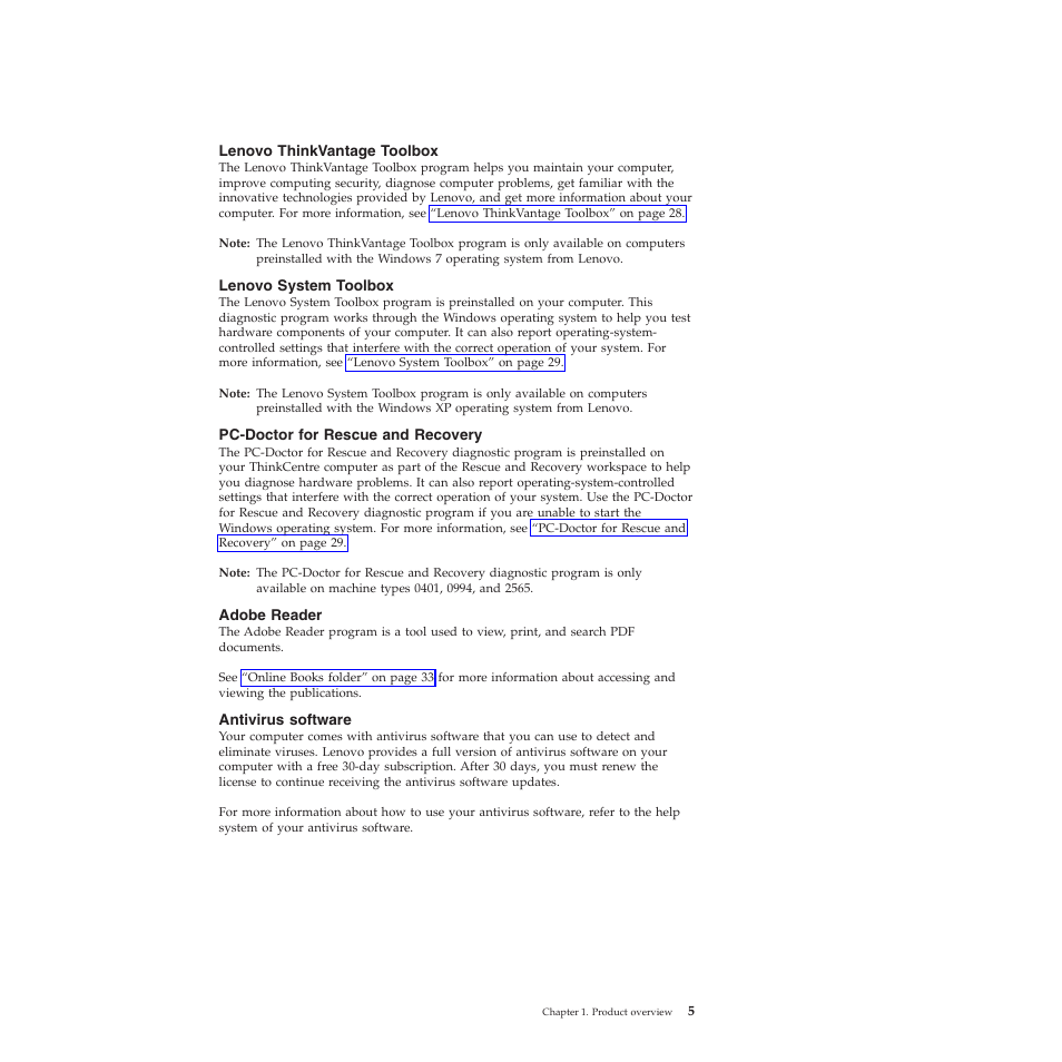 Lenovo thinkvantage toolbox, Lenovo system toolbox, Pc-doctor for rescue and recovery | Adobe reader, Antivirus software | Lenovo 401 User Manual | Page 13 / 52