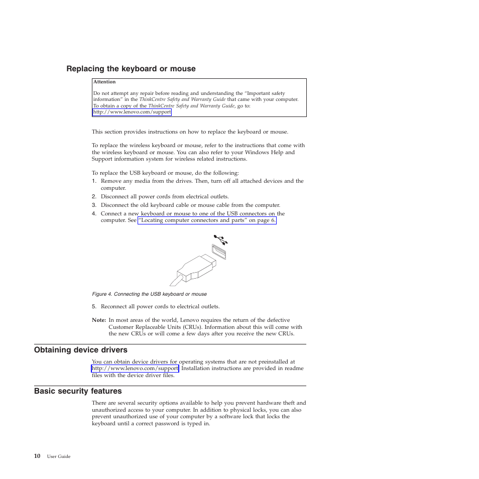 Replacing the keyboard or mouse, Obtaining device drivers, Basic security features | Lenovo 401 User Manual | Page 18 / 52