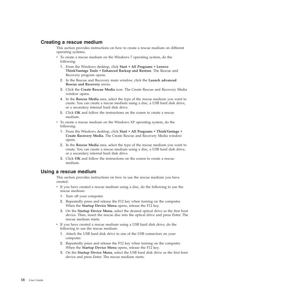 Creating a rescue medium, Using a rescue medium | Lenovo 401 User Manual | Page 26 / 52