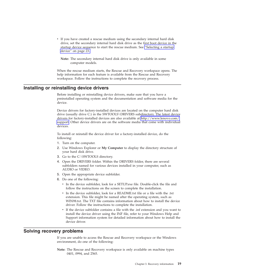 Installing or reinstalling device drivers, Solving recovery problems | Lenovo 401 User Manual | Page 27 / 52