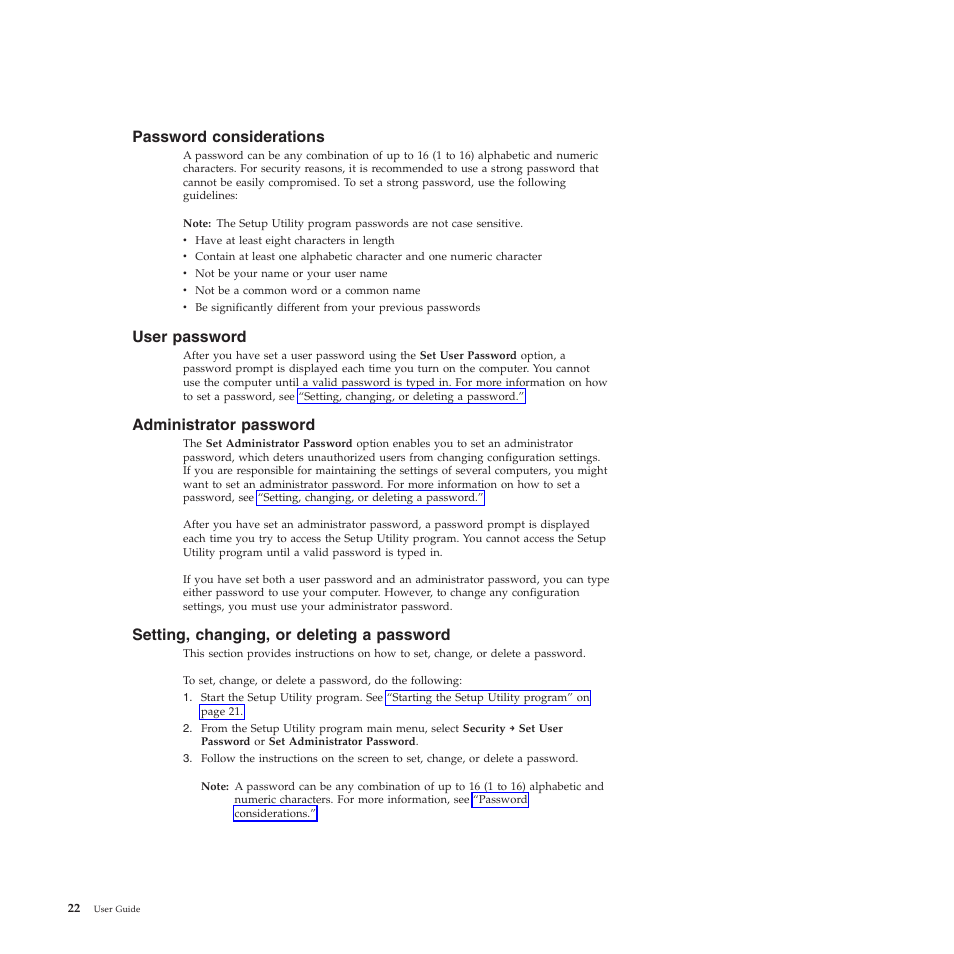 Password considerations, User password, Administrator password | Setting, changing, or deleting a password | Lenovo 401 User Manual | Page 30 / 52