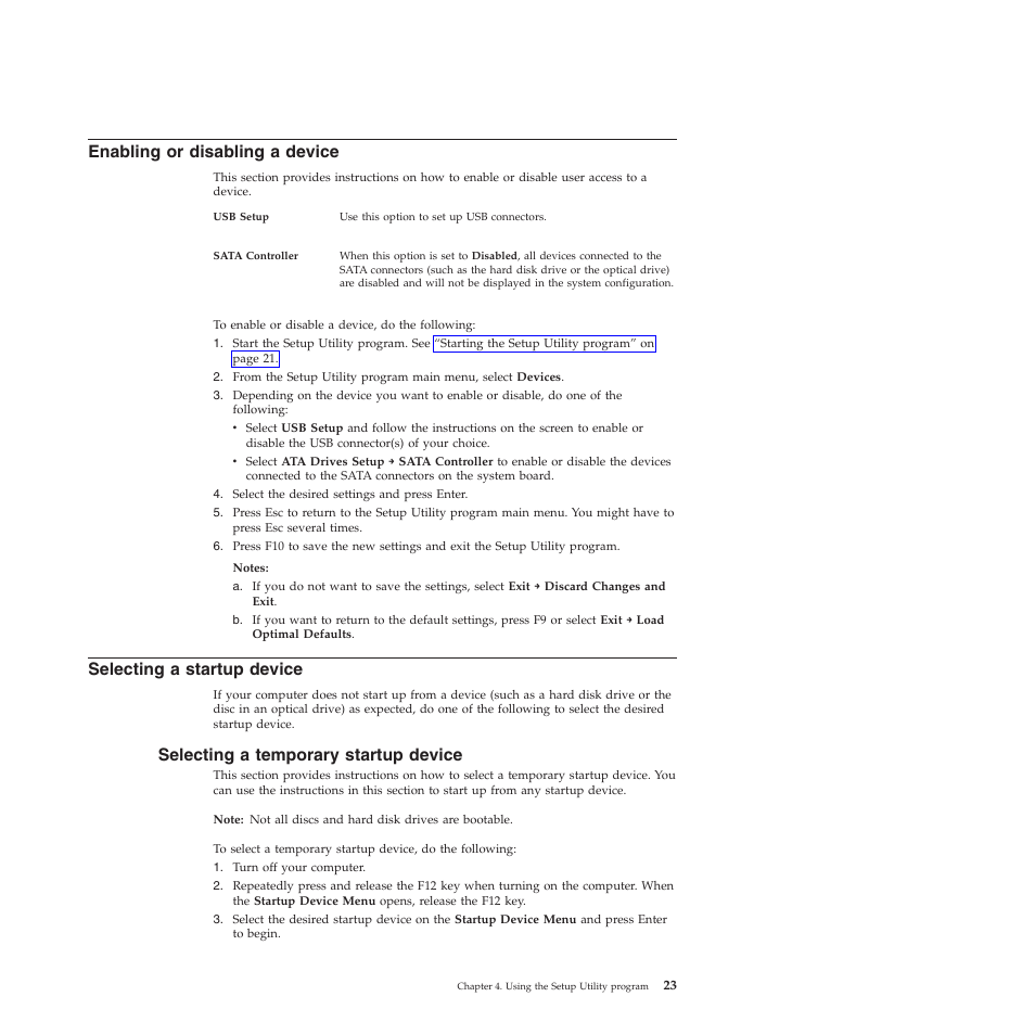 Enabling or disabling a device, Selecting a startup device, Selecting a temporary startup device | Lenovo 401 User Manual | Page 31 / 52