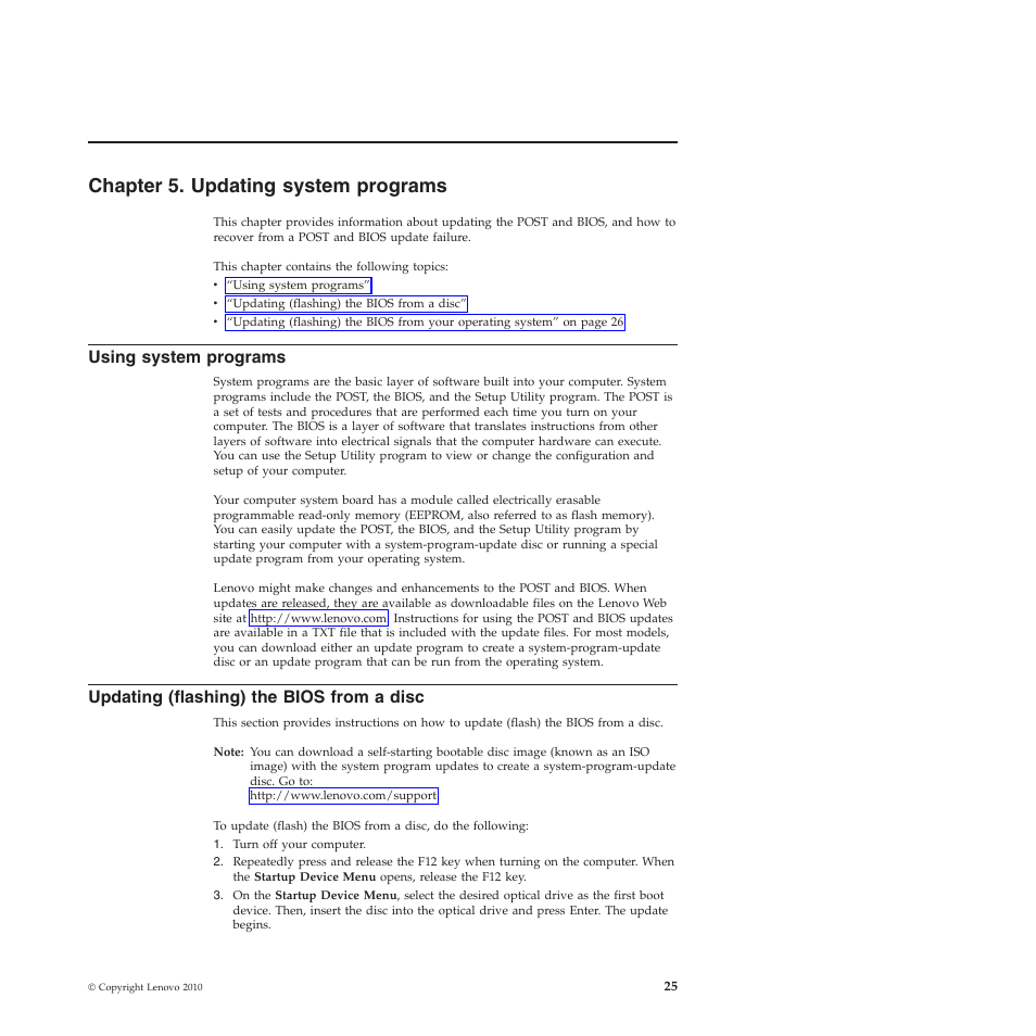 Chapter 5. updating system programs, Using system programs, Updating (flashing) the bios from a disc | Lenovo 401 User Manual | Page 33 / 52