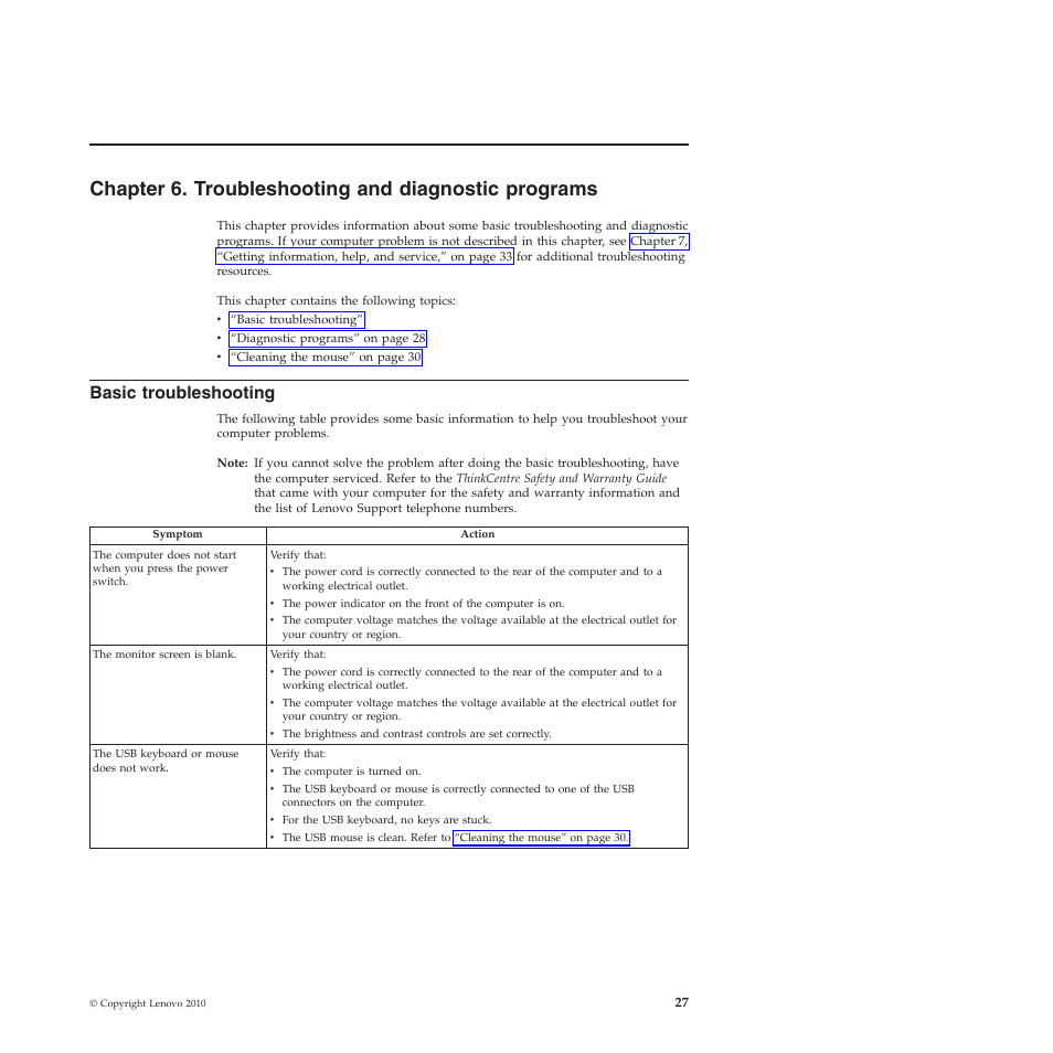 Chapter 6. troubleshooting and diagnostic programs, Basic troubleshooting | Lenovo 401 User Manual | Page 35 / 52