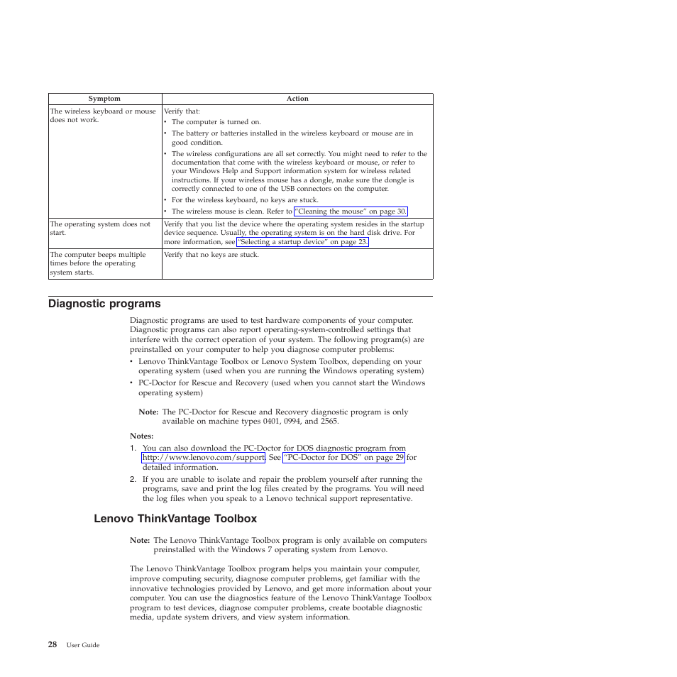 Diagnostic programs, Lenovo thinkvantage toolbox | Lenovo 401 User Manual | Page 36 / 52