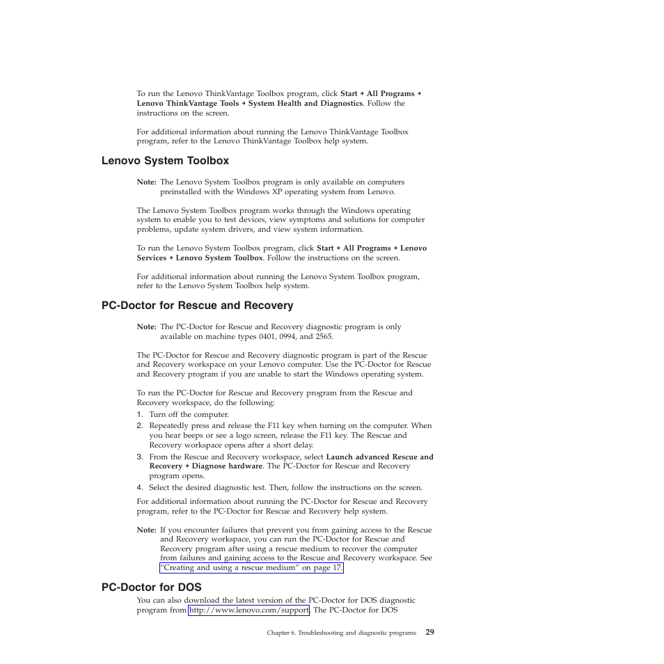 Lenovo system toolbox, Pc-doctor for rescue and recovery, Pc-doctor for dos | Lenovo 401 User Manual | Page 37 / 52