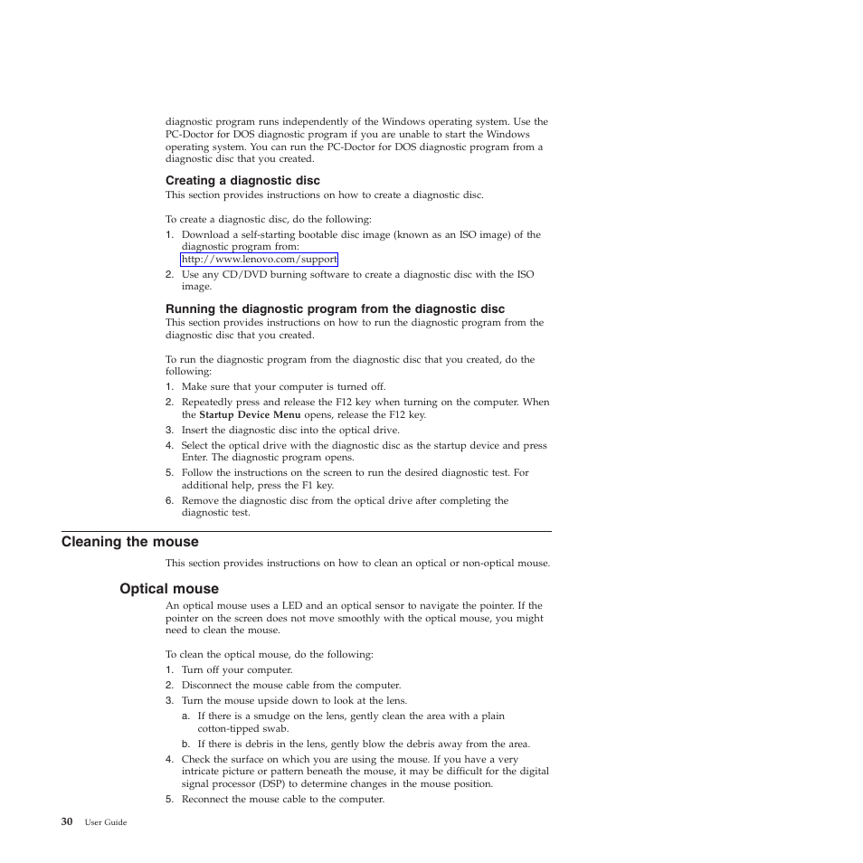 Creating a diagnostic disc, Cleaning the mouse, Optical mouse | Lenovo 401 User Manual | Page 38 / 52