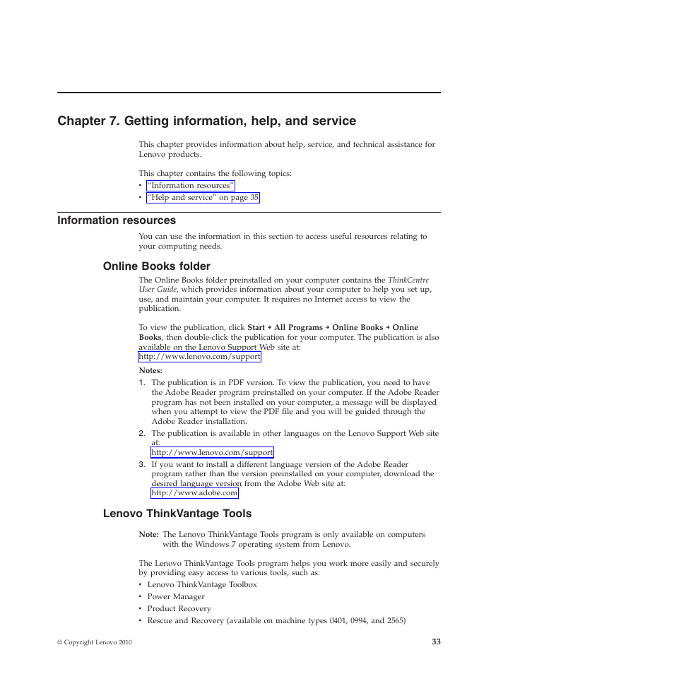 Chapter 7. getting information, help, and service, Information resources, Online books folder | Lenovo thinkvantage tools | Lenovo 401 User Manual | Page 41 / 52