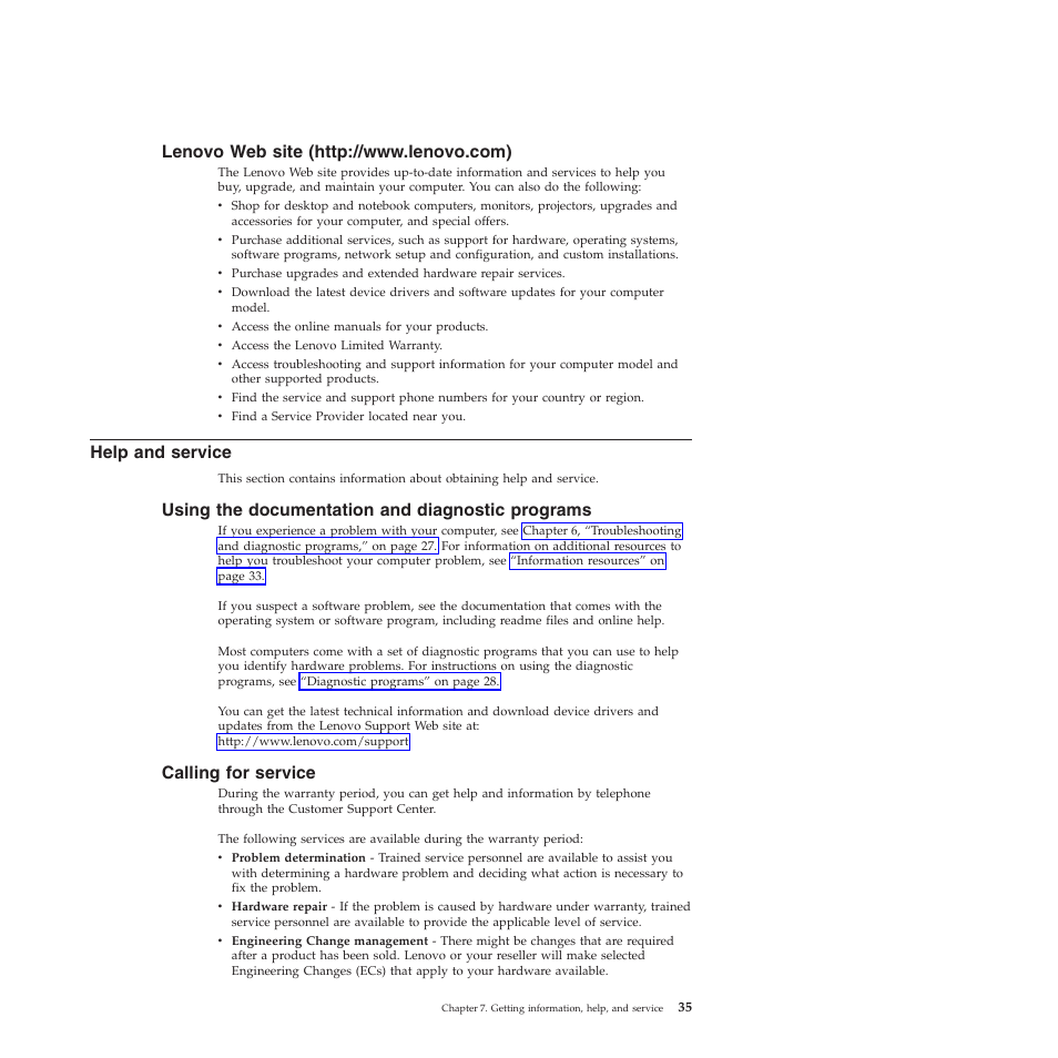 Lenovo web site (http://www.lenovo.com), Help and service, Using the documentation and diagnostic programs | Calling for service | Lenovo 401 User Manual | Page 43 / 52