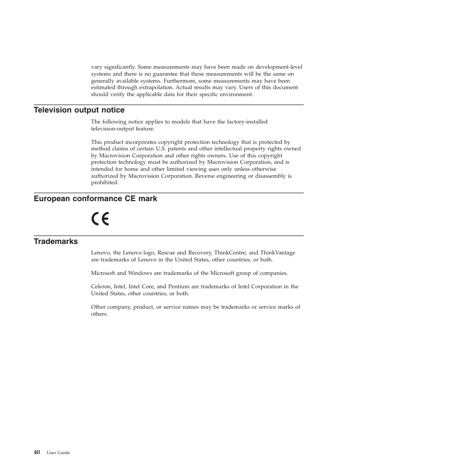 Television output notice, European conformance ce mark, Trademarks | Lenovo 401 User Manual | Page 48 / 52