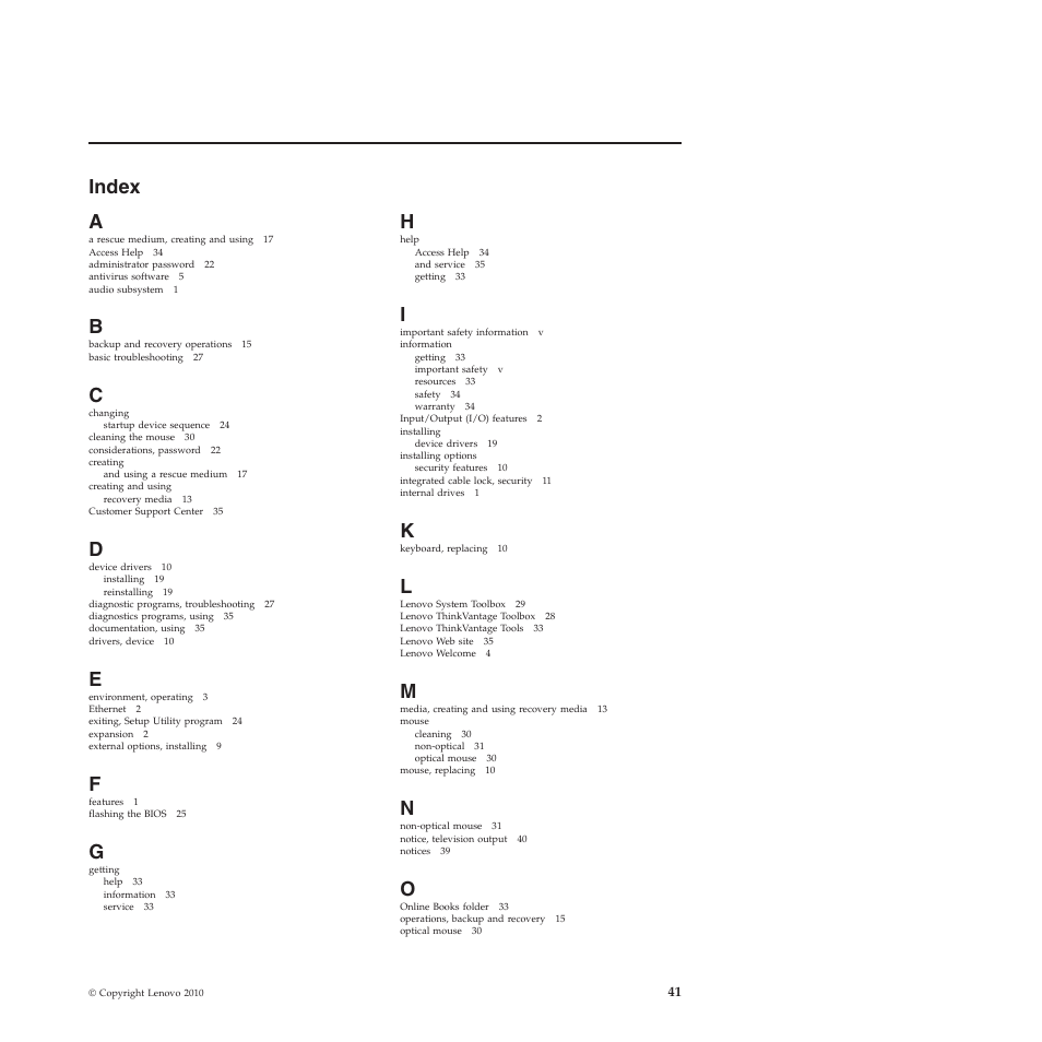 Index, Index a | Lenovo 401 User Manual | Page 49 / 52