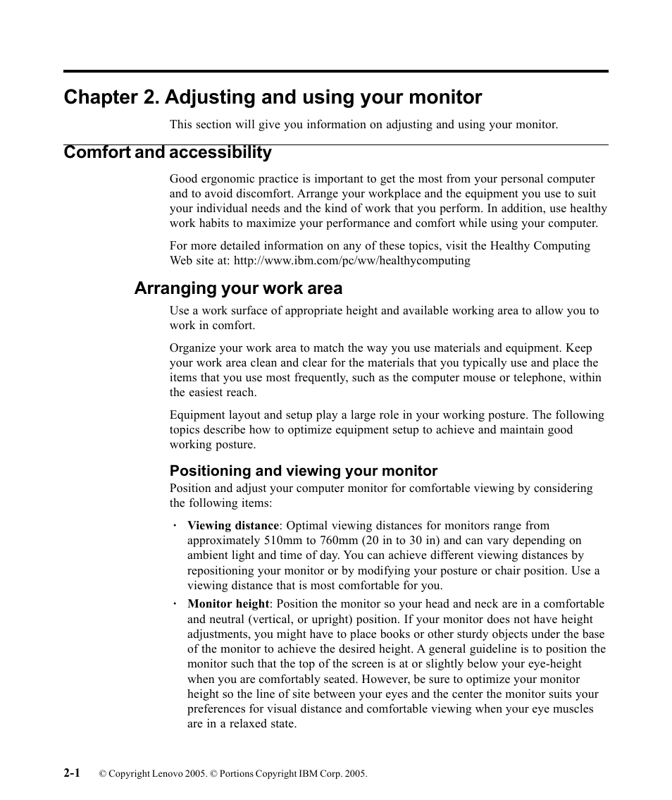 Chapter 2. adjusting and using your monitor, Comfort and accessibility, Arranging your work area | Lenovo ThinkVision 9205-HG2 User Manual | Page 12 / 35