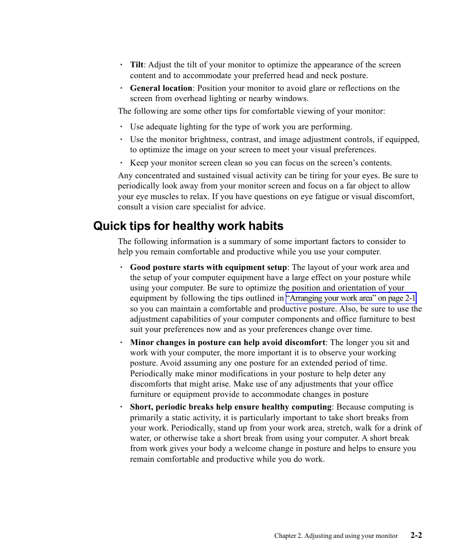 Quick tips for healthy work habits | Lenovo ThinkVision 9205-HG2 User Manual | Page 13 / 35