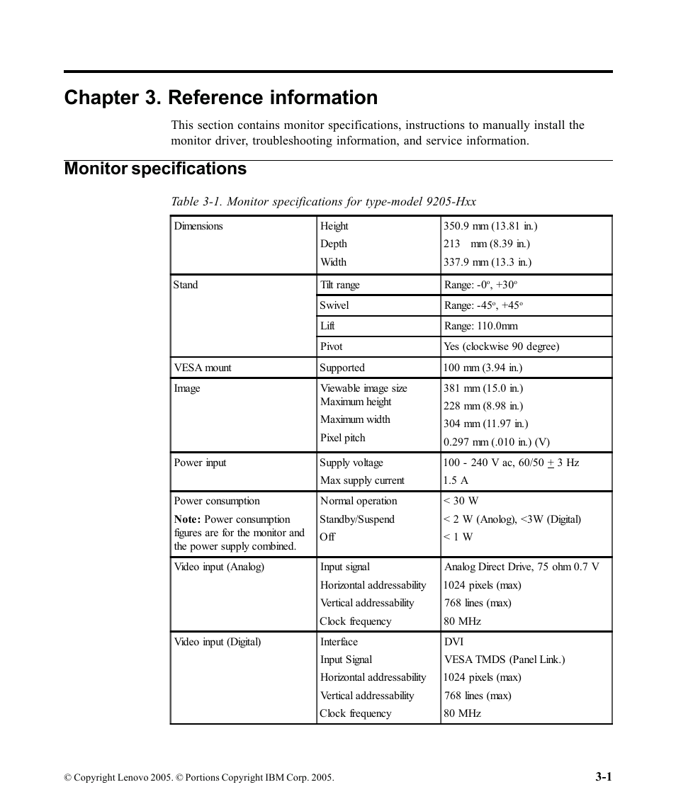 Chapter 3. reference information, Monitor specifications | Lenovo ThinkVision 9205-HG2 User Manual | Page 21 / 35