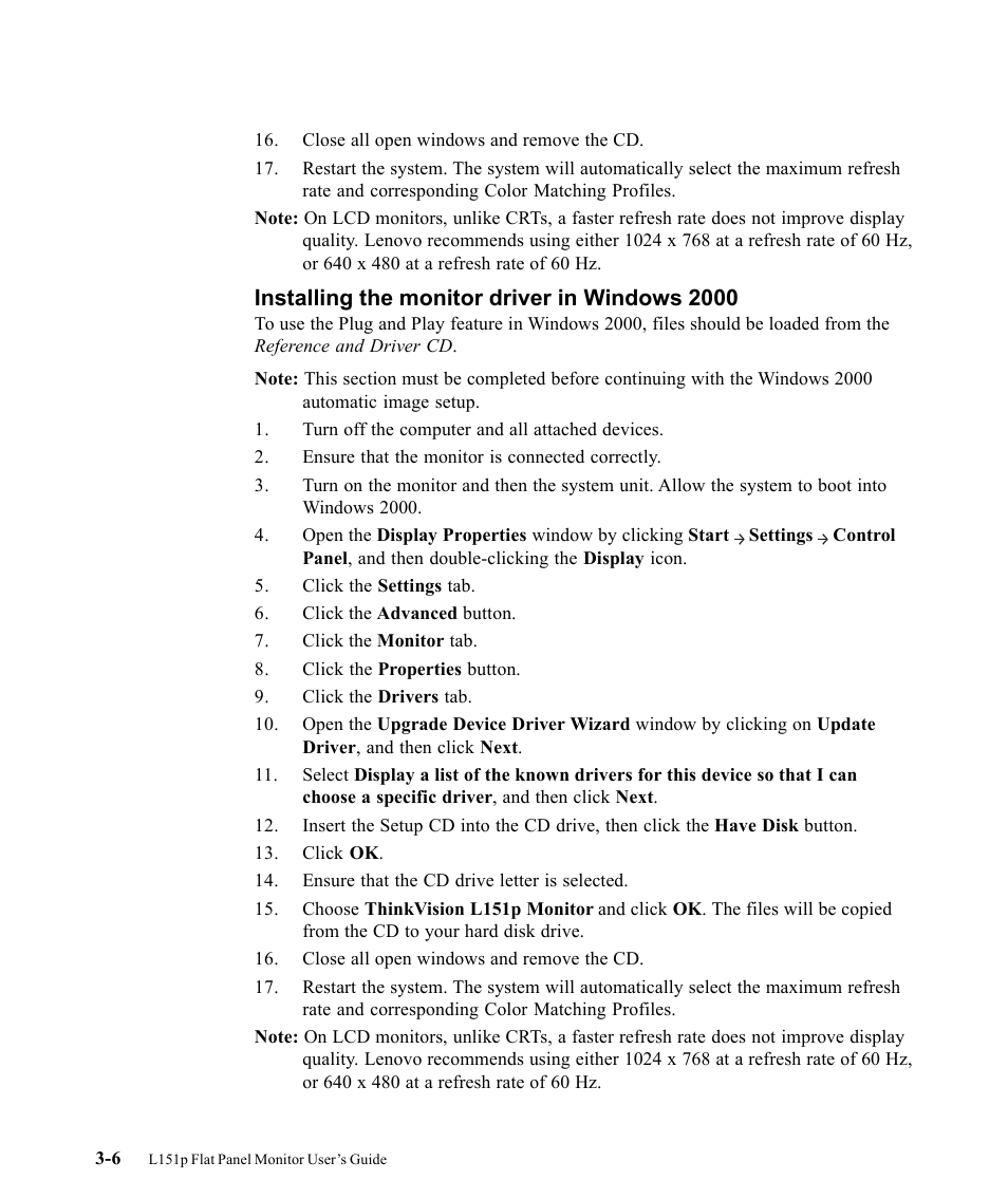 Installing the monitor driver in windows 2000 | Lenovo ThinkVision 9205-HG2 User Manual | Page 26 / 35