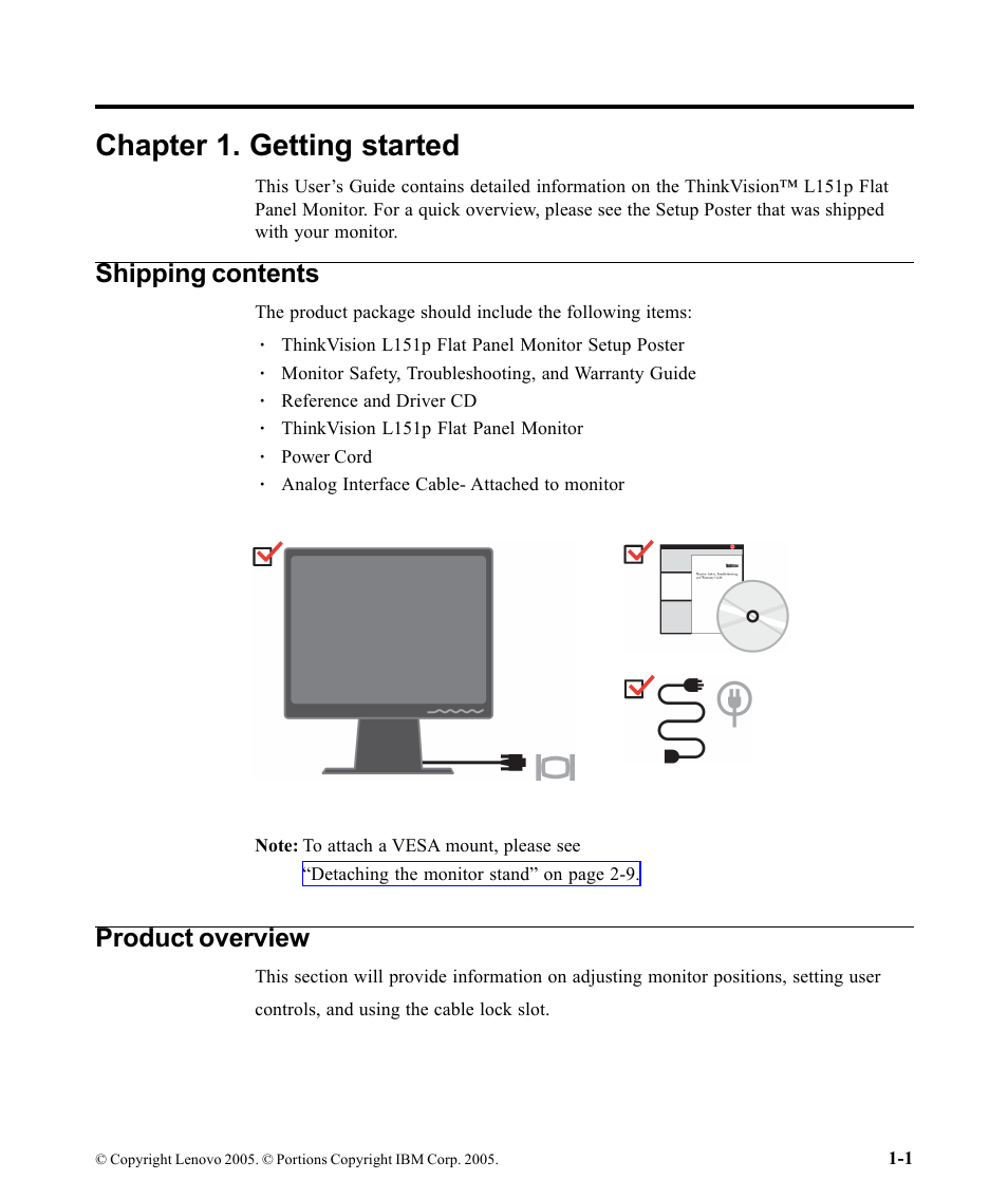 Chapter 1. getting started, Shipping contents, Product overview | Lenovo ThinkVision 9205-HG2 User Manual | Page 5 / 35