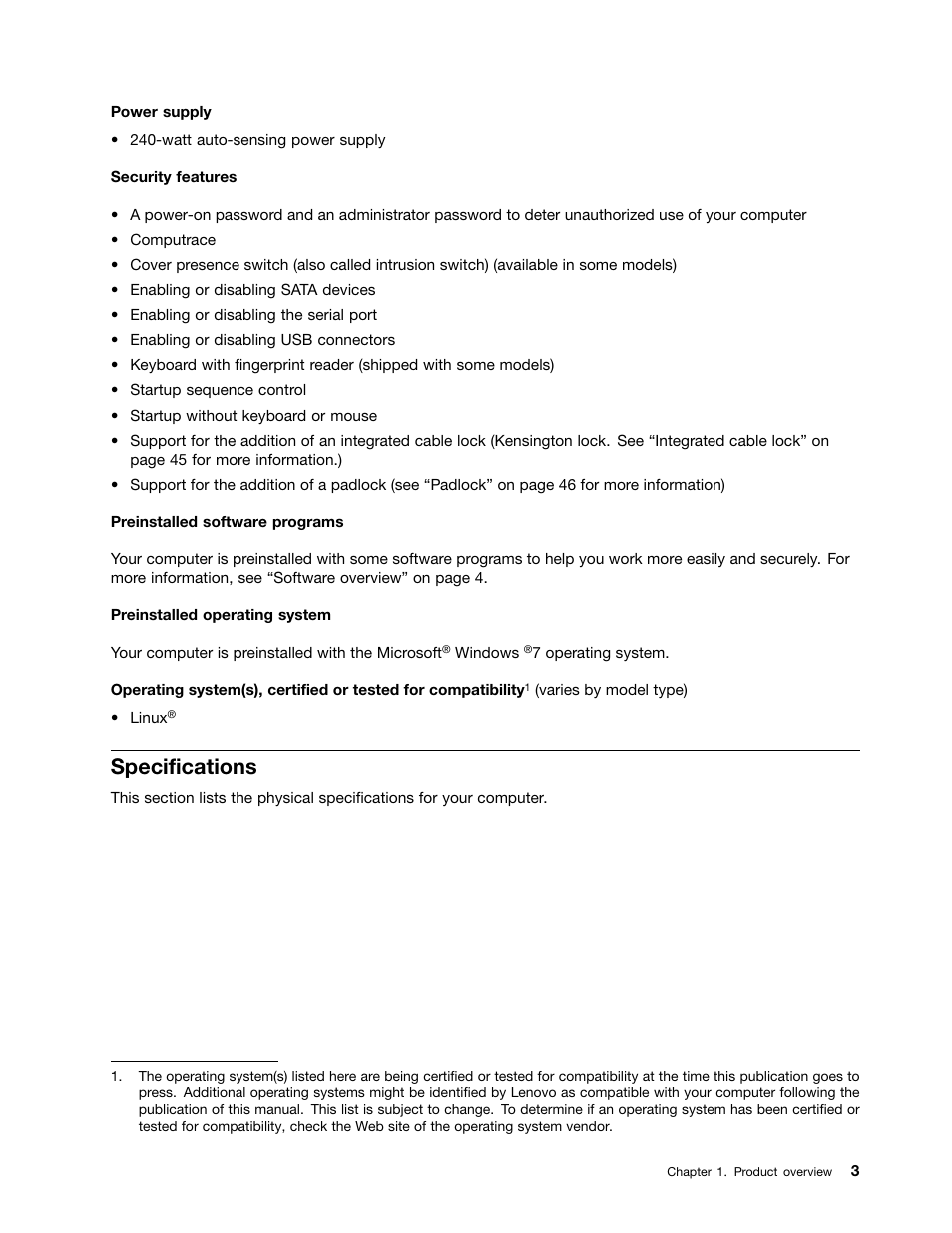 Specifications | Lenovo 154 User Manual | Page 11 / 86