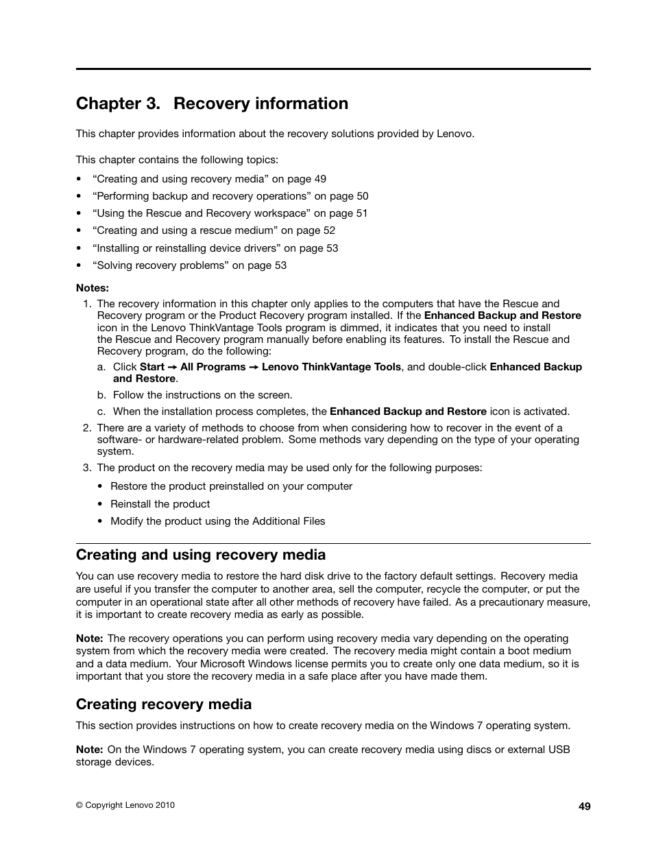 Chapter 3. recovery information, Creating and using recovery media, Creating recovery media | Lenovo 154 User Manual | Page 57 / 86