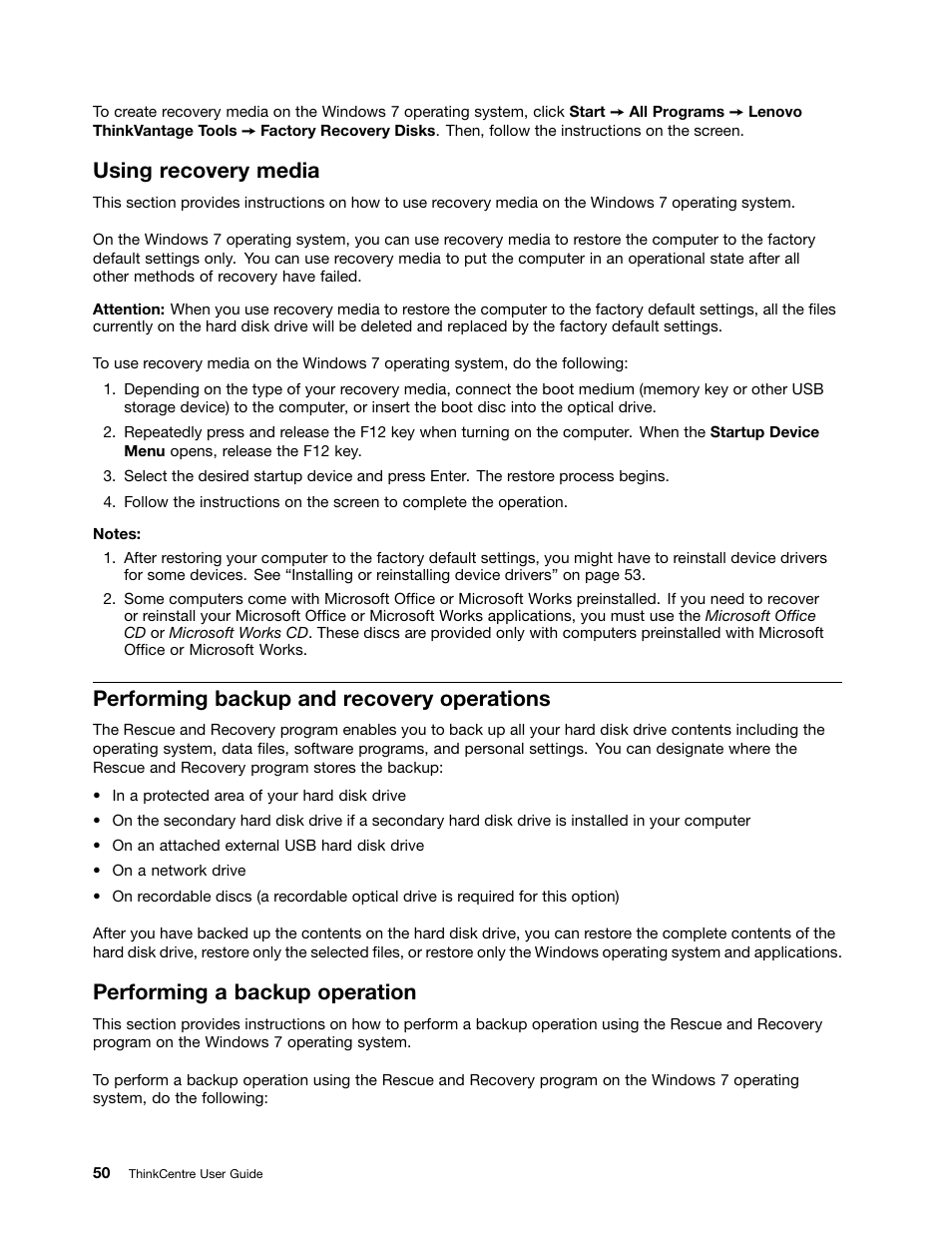 Using recovery media, Performing backup and recovery operations, Performing a backup operation | Lenovo 154 User Manual | Page 58 / 86