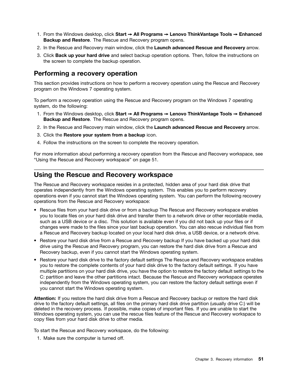 Performing a recovery operation, Using the rescue and recovery workspace | Lenovo 154 User Manual | Page 59 / 86