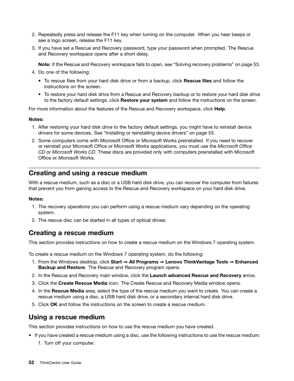 Creating and using a rescue medium, Creating a rescue medium, Using a rescue medium | Lenovo 154 User Manual | Page 60 / 86