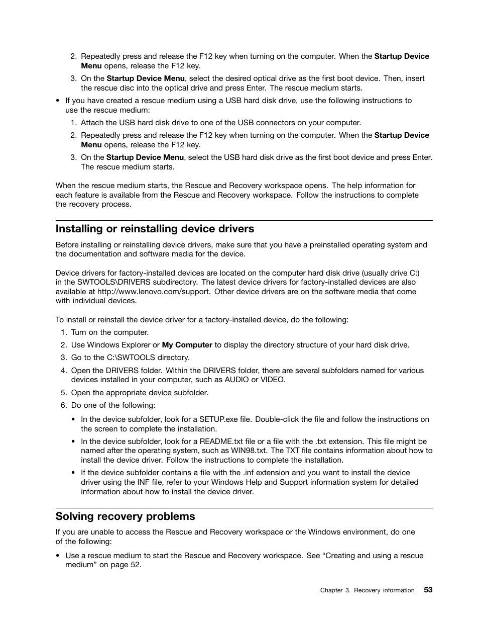 Installing or reinstalling device drivers, Solving recovery problems | Lenovo 154 User Manual | Page 61 / 86