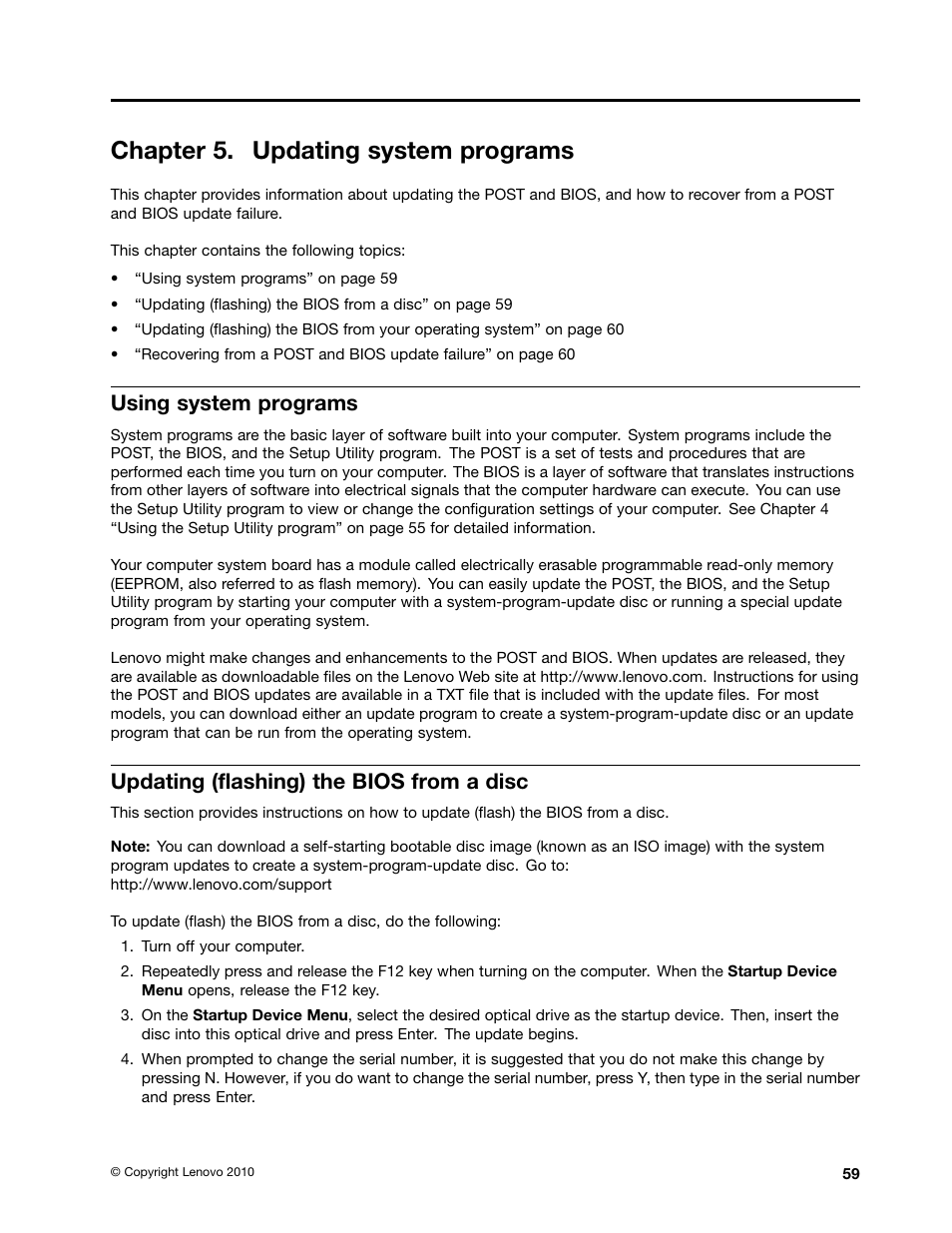 Chapter 5. updating system programs, Using system programs, Updating (flashing) the bios from a disc | Lenovo 154 User Manual | Page 67 / 86