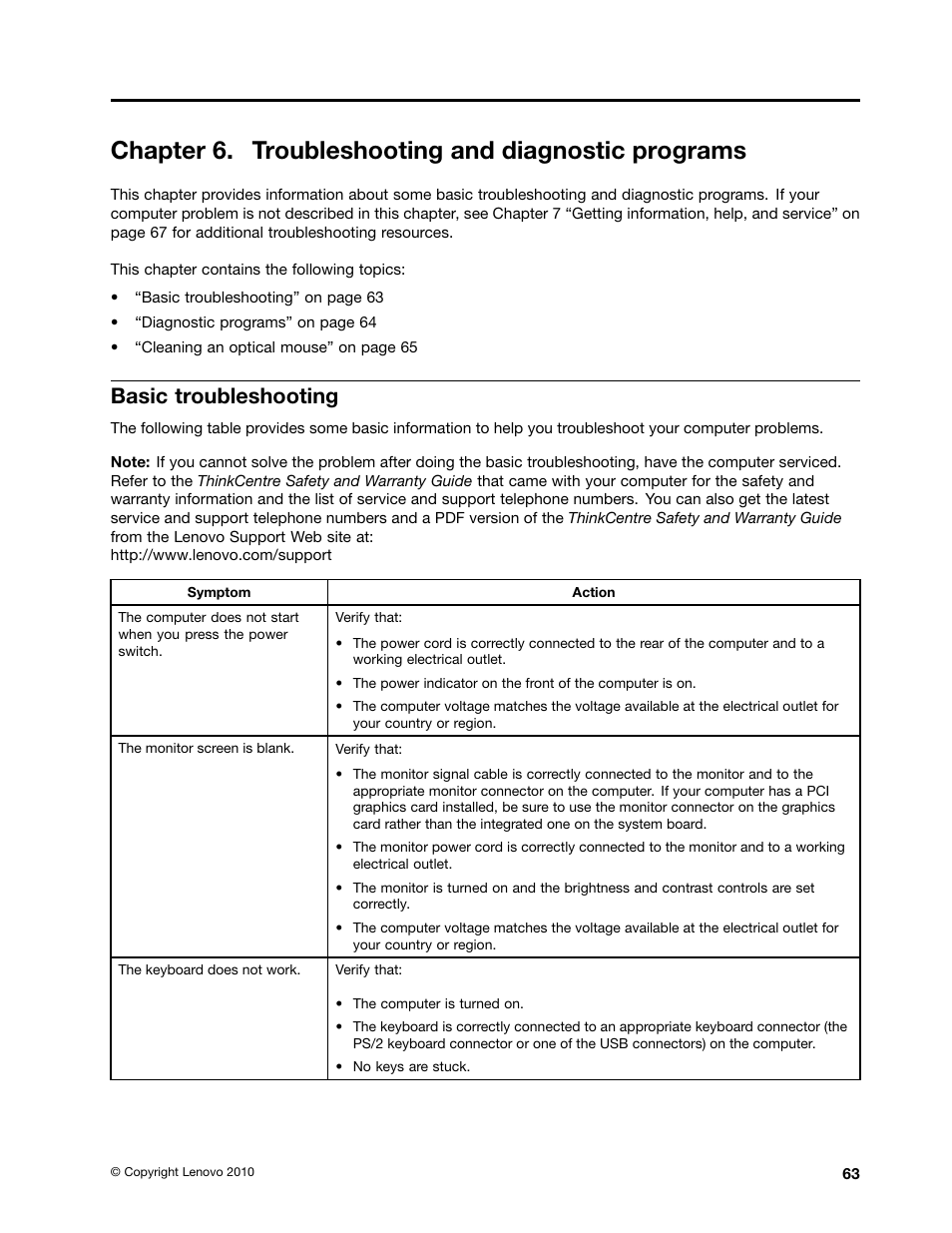 Chapter 6. troubleshooting and diagnostic programs, Basic troubleshooting | Lenovo 154 User Manual | Page 71 / 86