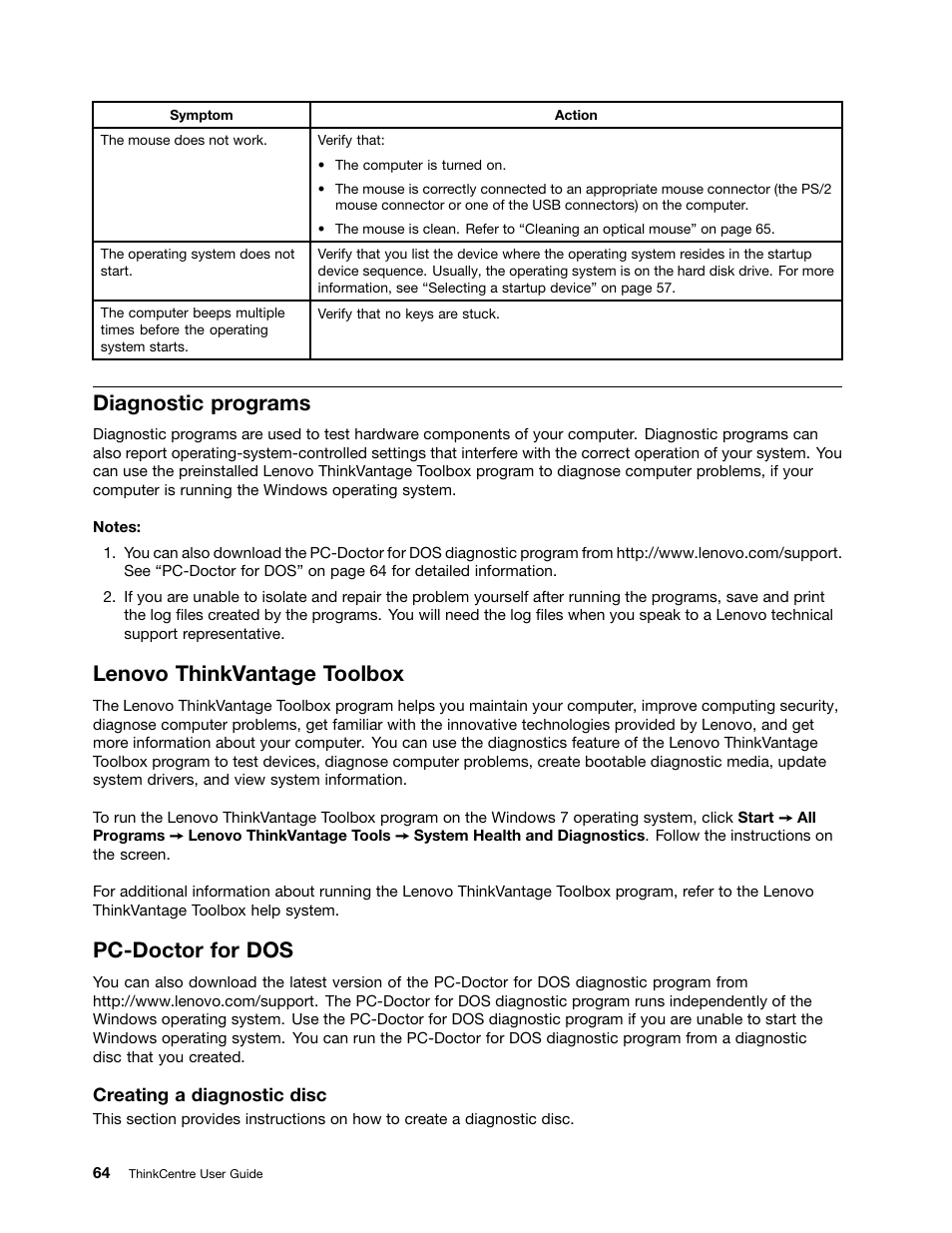 Diagnostic programs, Lenovo thinkvantage toolbox, Pc-doctor for dos | Lenovo 154 User Manual | Page 72 / 86