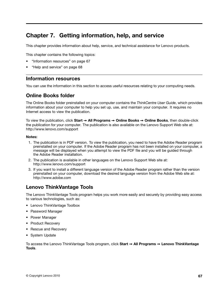 Chapter 7. getting information, help, and service, Information resources, Online books folder | Lenovo thinkvantage tools | Lenovo 154 User Manual | Page 75 / 86