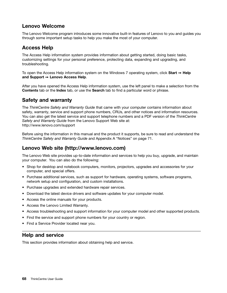 Lenovo welcome, Access help, Safety and warranty | Lenovo web site (http://www.lenovo.com), Help and service | Lenovo 154 User Manual | Page 76 / 86