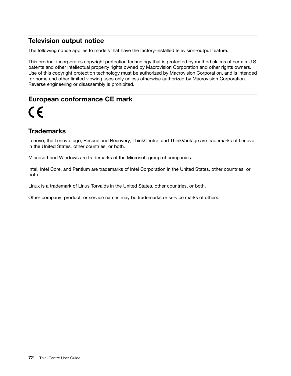 Television output notice, European conformance ce mark, Trademarks | European conformance ce mark trademarks | Lenovo 154 User Manual | Page 80 / 86