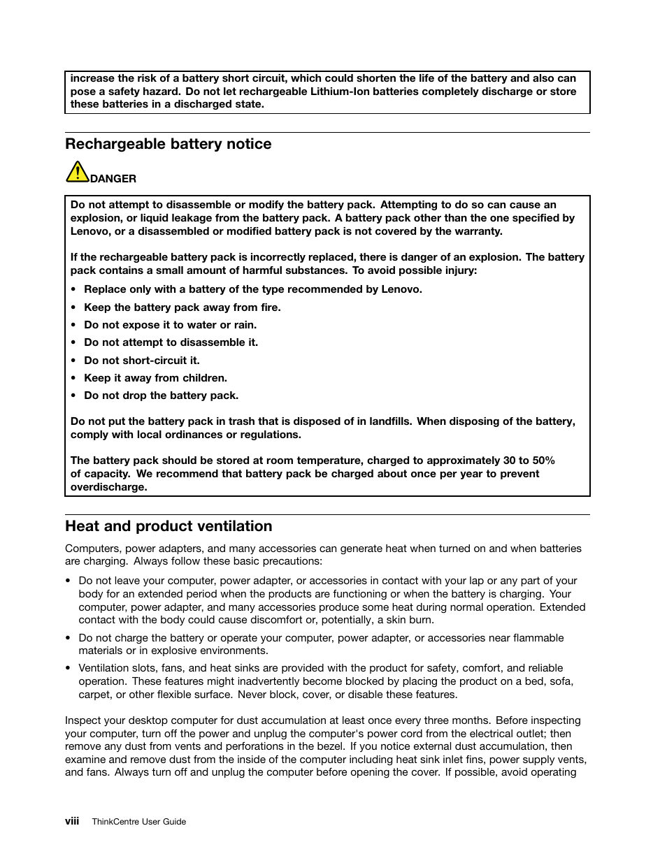 Rechargeable battery notice, Heat and product ventilation, Viii | Lenovo 3273 User Manual | Page 10 / 154