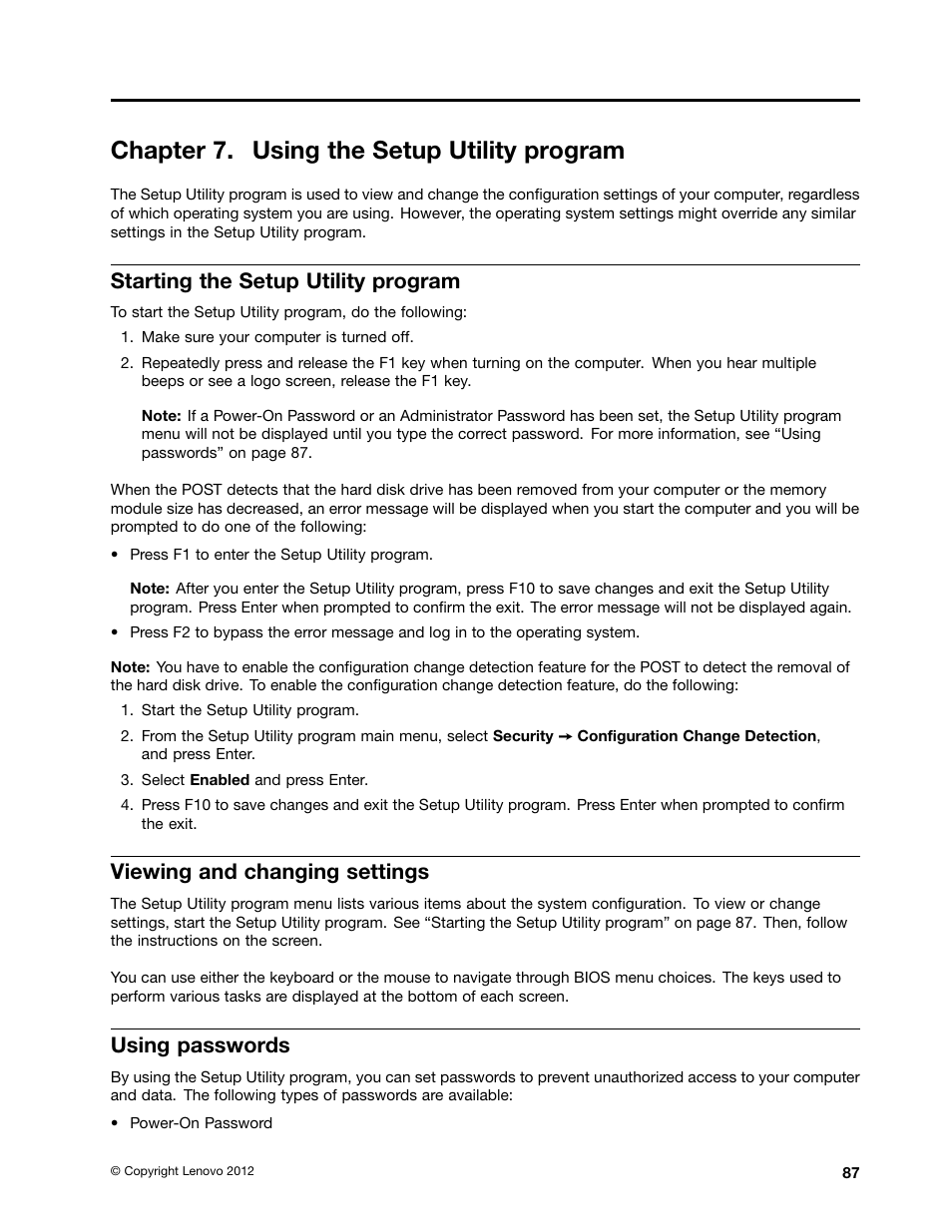 Chapter 7. using the setup utility program, Starting the setup utility program, Viewing and changing settings | Using passwords, Chapter 7 “using the setup | Lenovo 3273 User Manual | Page 101 / 154