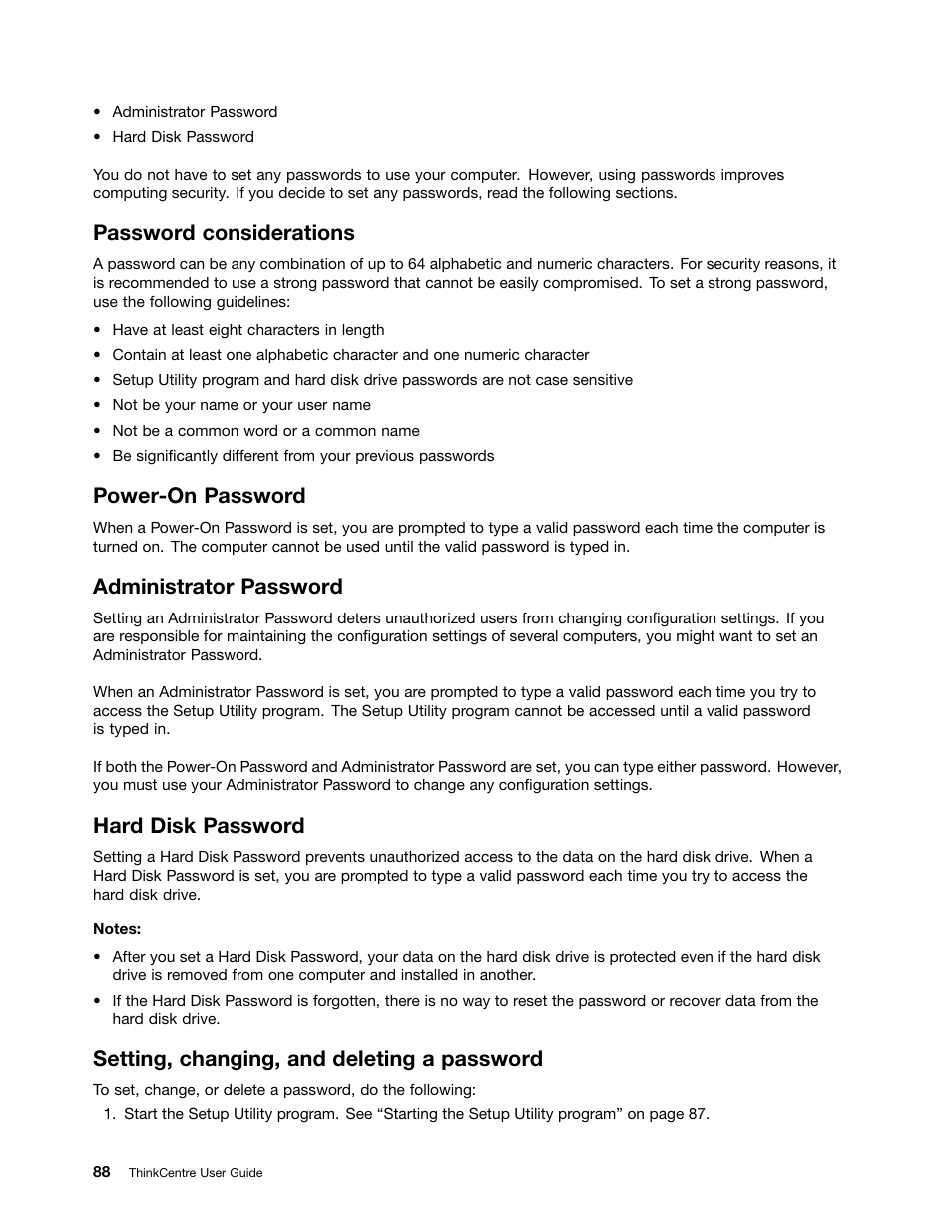 Password considerations, Power-on password, Administrator password | Hard disk password, Setting, changing, and deleting a password | Lenovo 3273 User Manual | Page 102 / 154