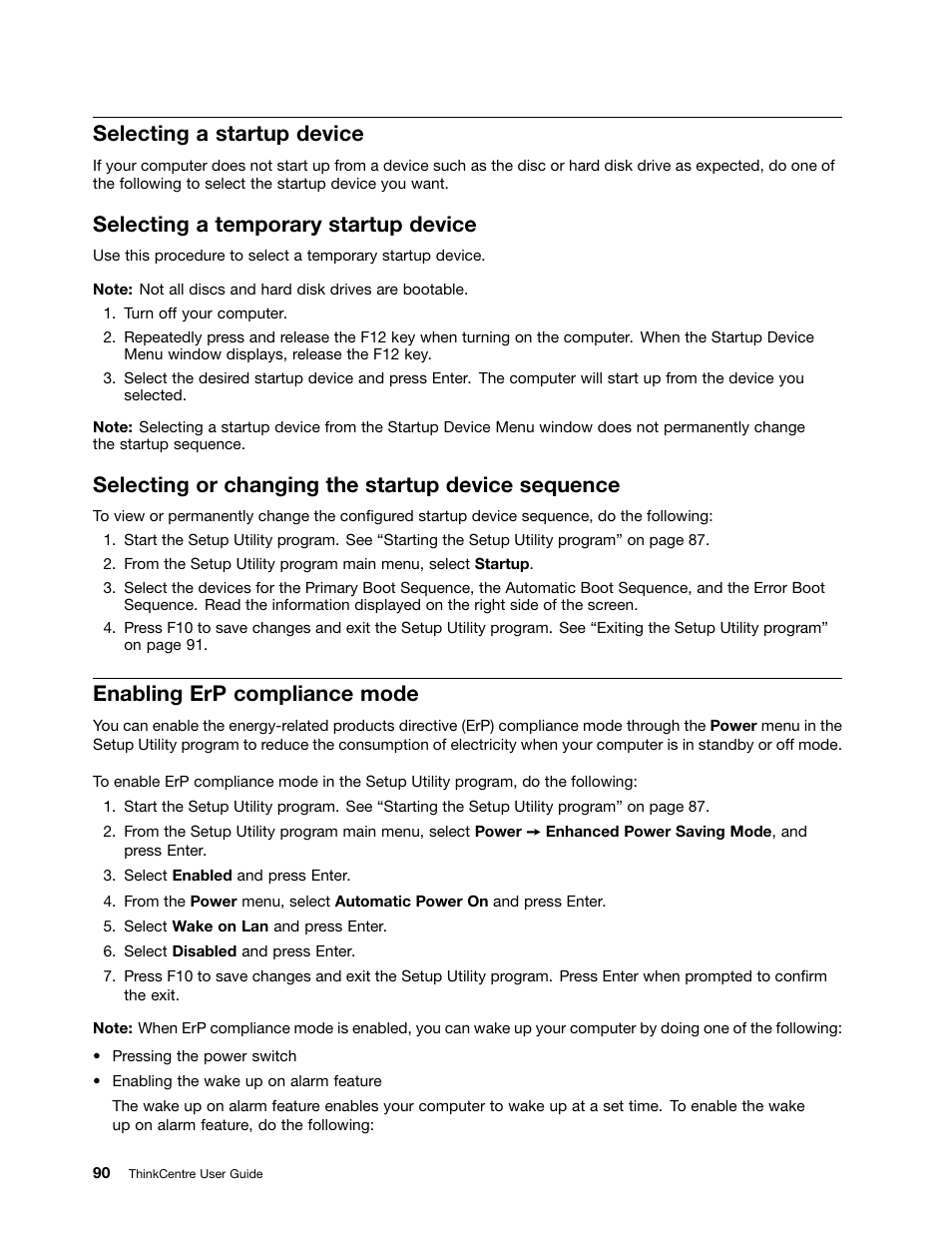 Selecting a startup device, Selecting a temporary startup device, Selecting or changing the startup device sequence | Enabling erp compliance mode | Lenovo 3273 User Manual | Page 104 / 154