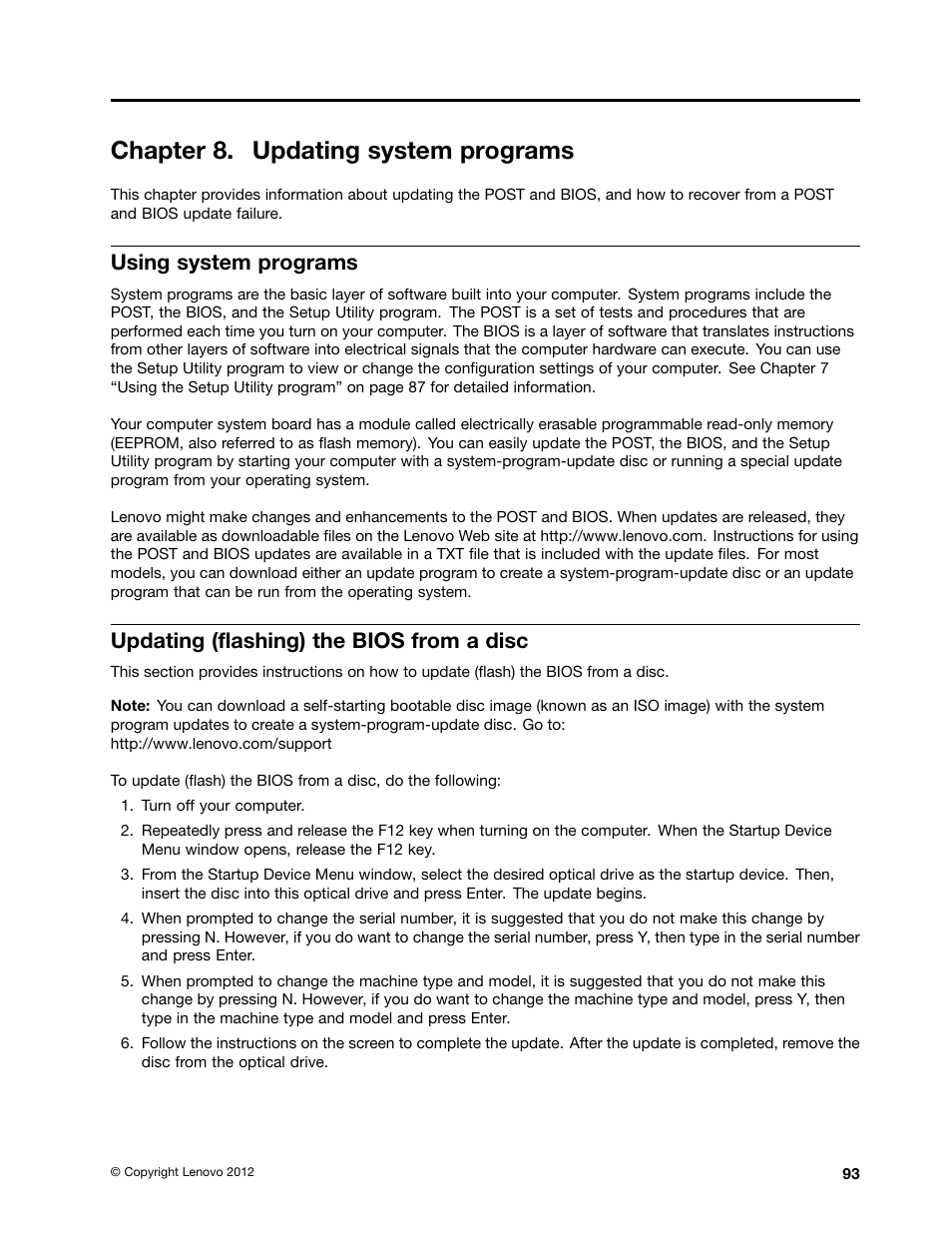 Chapter 8. updating system programs, Using system programs, Updating (flashing) the bios from a disc | Lenovo 3273 User Manual | Page 107 / 154