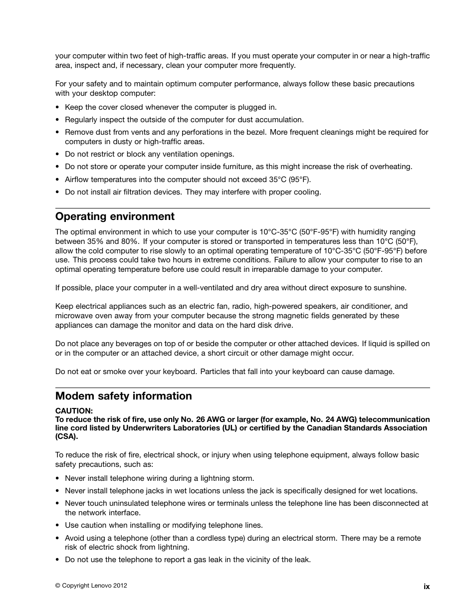 Operating environment, Modem safety information | Lenovo 3273 User Manual | Page 11 / 154