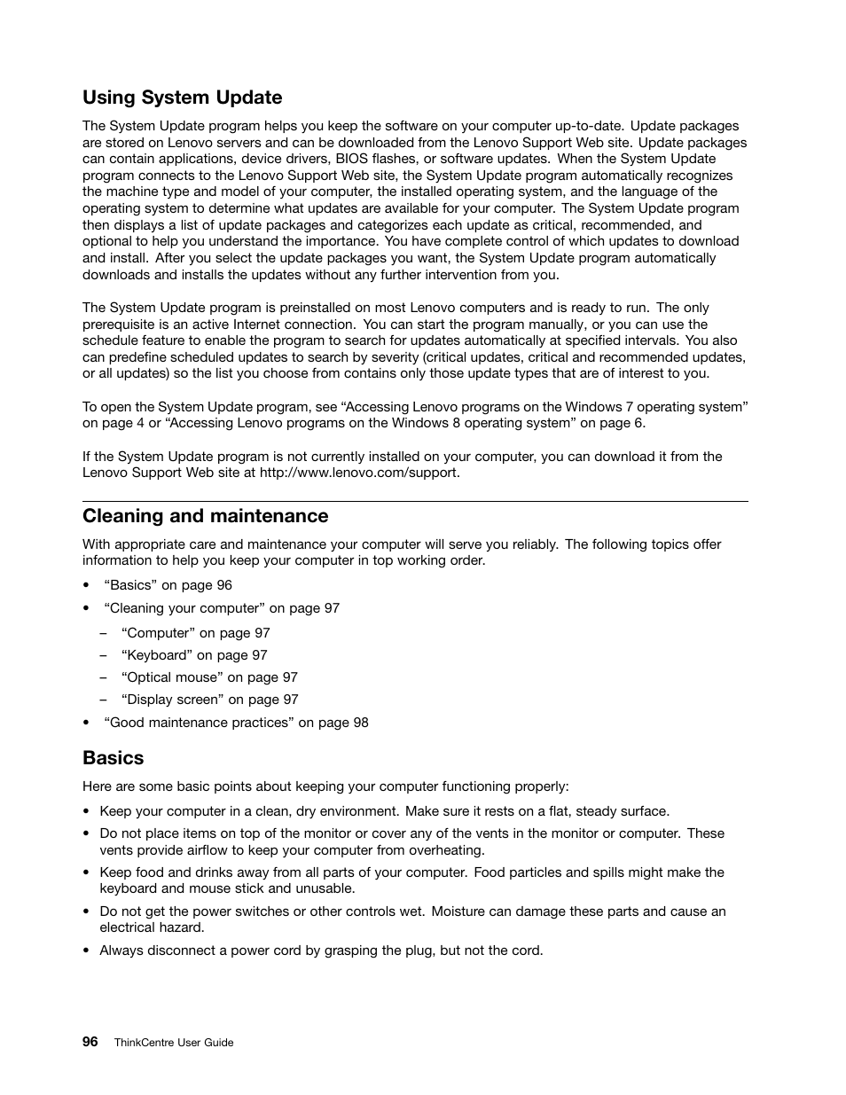 Using system update, Cleaning and maintenance, Basics | Lenovo 3273 User Manual | Page 110 / 154