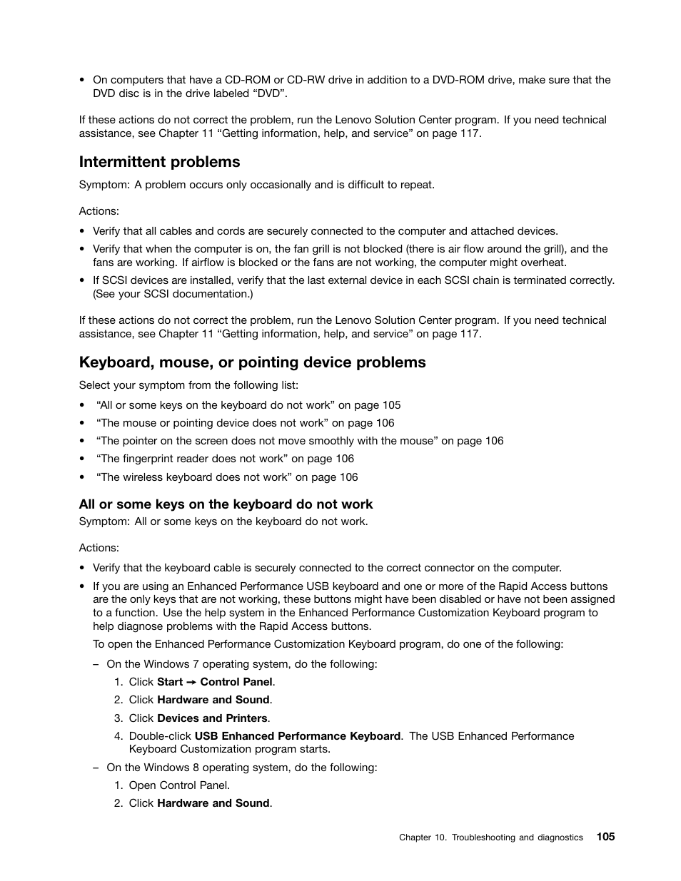 Intermittent problems, Keyboard, mouse, or pointing device problems | Lenovo 3273 User Manual | Page 119 / 154