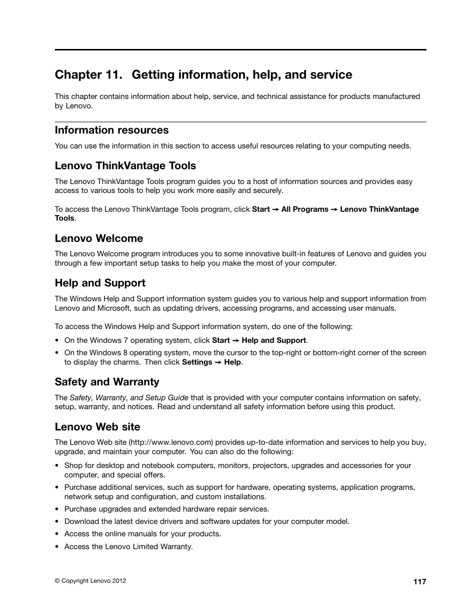 Chapter 11. getting information, help, and service, Information resources, Lenovo thinkvantage tools | Lenovo welcome, Help and support, Safety and warranty, Lenovo web site, Chapter 11 “getting | Lenovo 3273 User Manual | Page 131 / 154